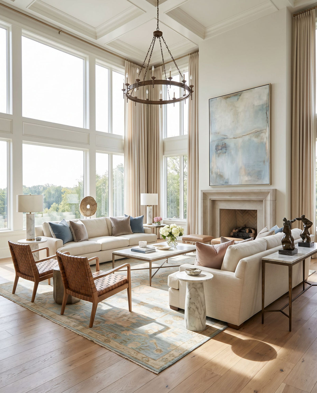 Antalya AAT-2310 Hand Knotted Rug as the centerpiece of a bright luxury living room — a hand knotted traditional area rug in sage, light blue, lavender and denim tones