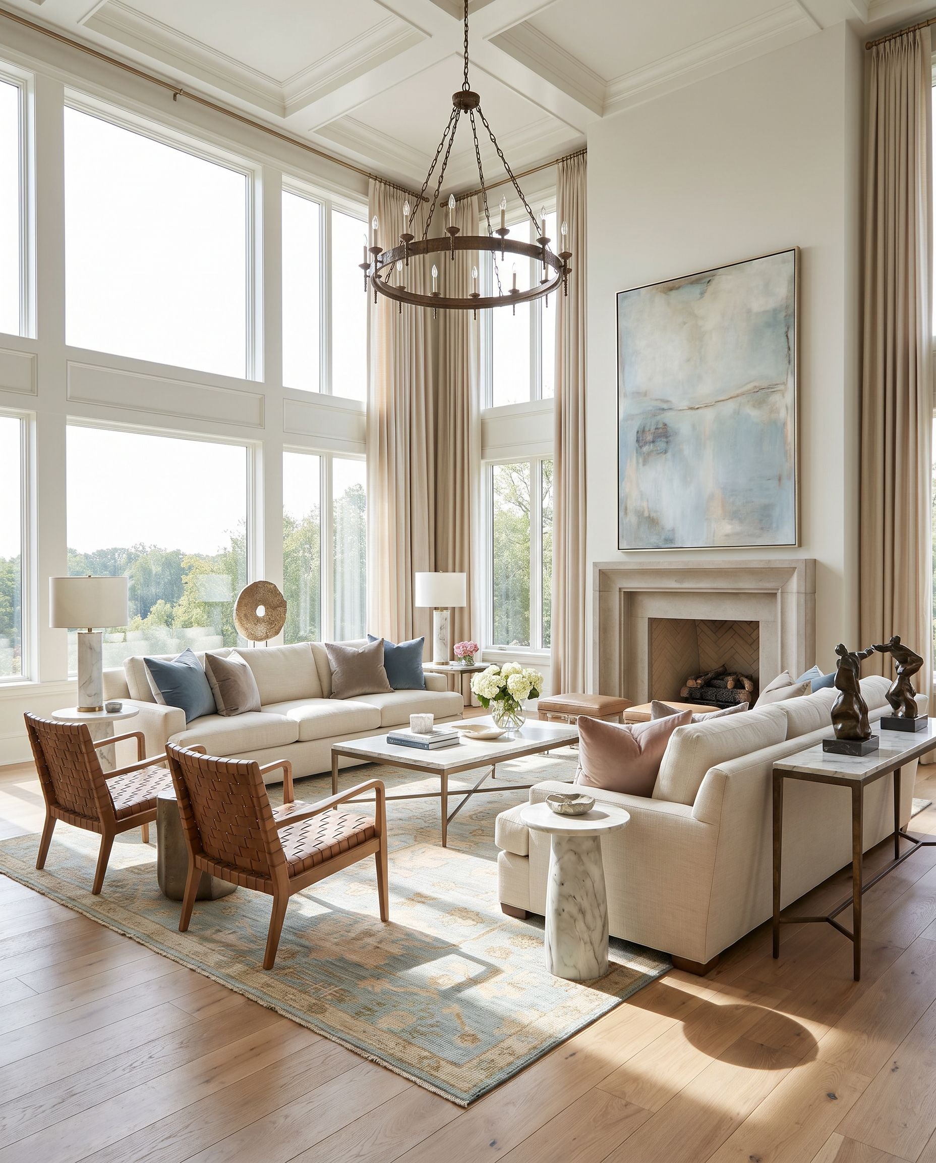 Antalya AAT-2310 Hand Knotted Rug as the centerpiece of a bright luxury living room — a hand knotted traditional area rug in sage, light blue, lavender and denim tones
