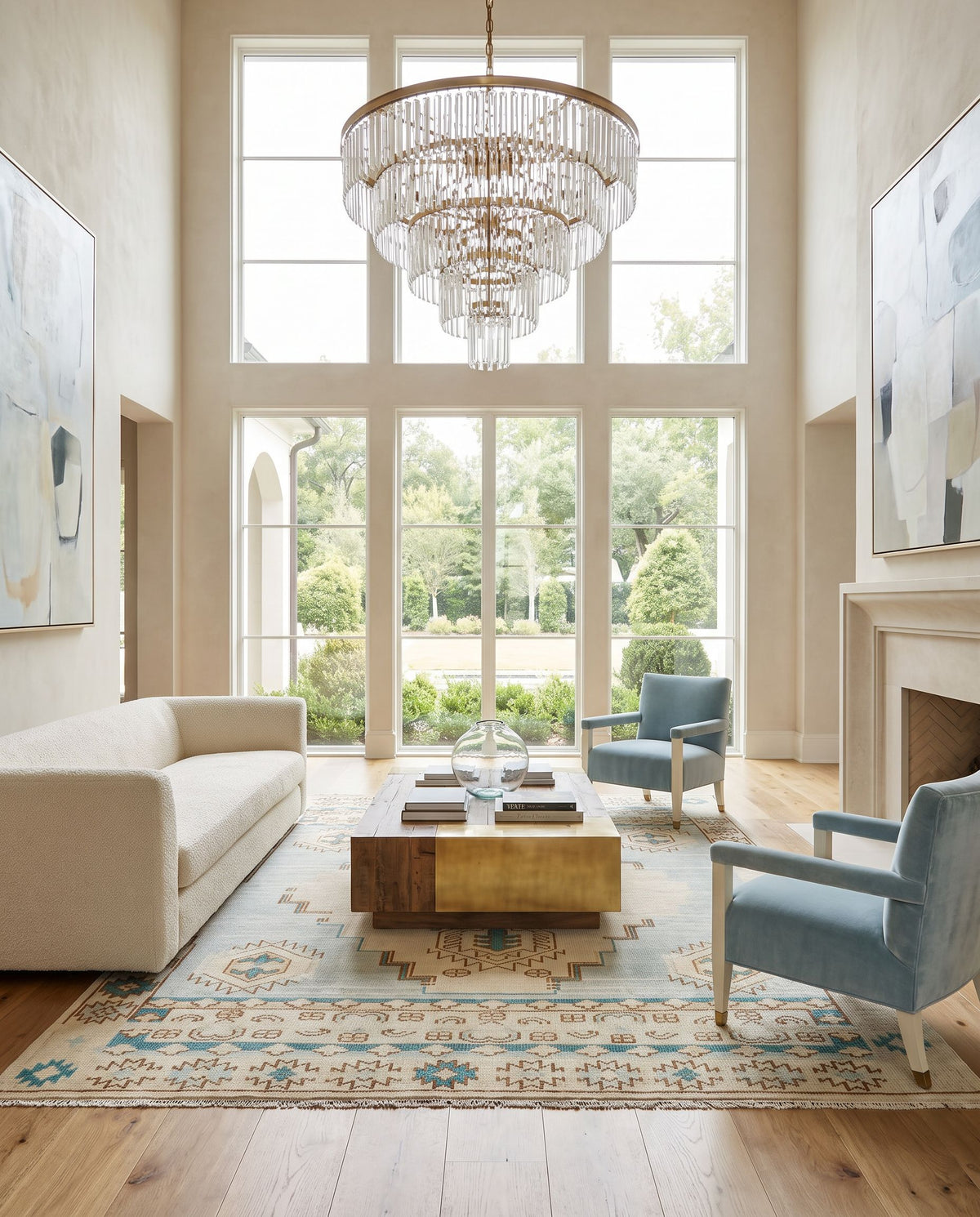 Anadolu AAU-2300 Hand Knotted Rug as the centerpiece of a bright luxury living room — a hand knotted traditional area rug in teal, brown, pale pink and seafoam tones