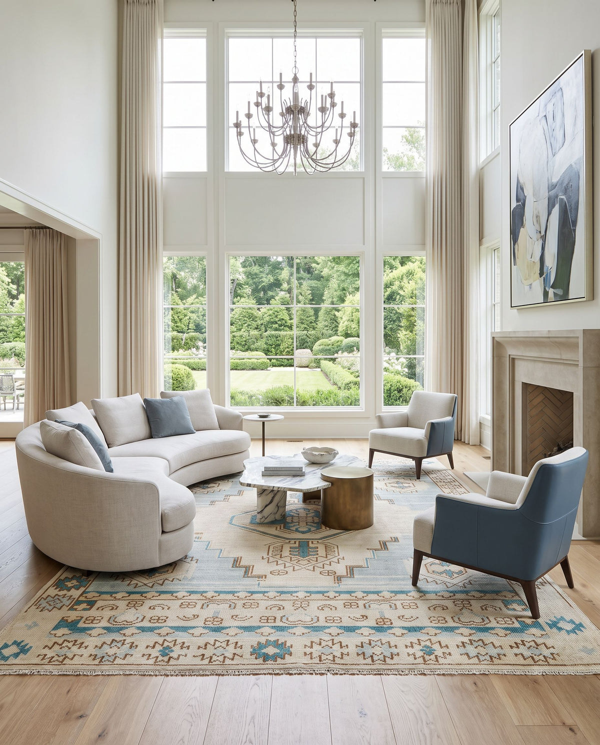 Anadolu AAU-2300 Hand Knotted Rug styled in an elegant designer living room — hand knotted traditional area rug in teal, brown, pale pink and seafoam tones