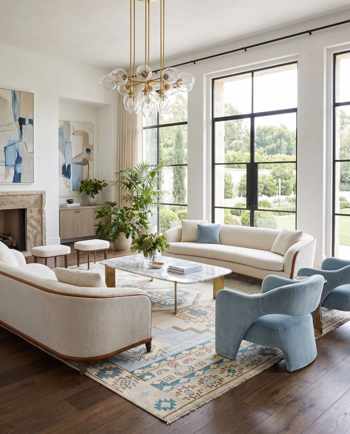 Anadolu AAU-2300 Hand Knotted Rug styled in an elegant designer living room — hand knotted traditional area rug in teal, brown, pale pink and seafoam tones