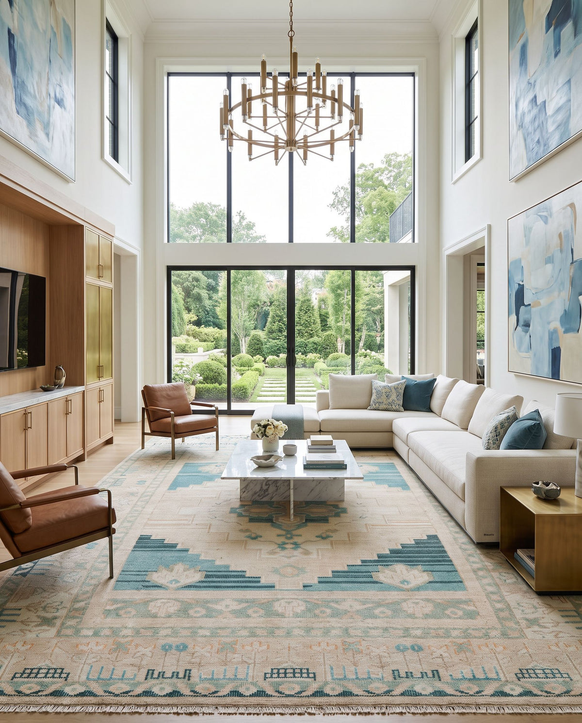 Anadolu AAU-2301 Hand Knotted Rug as the centerpiece of a bright luxury living room — a hand knotted traditional area rug in cream, teal, sage and pale pink tones