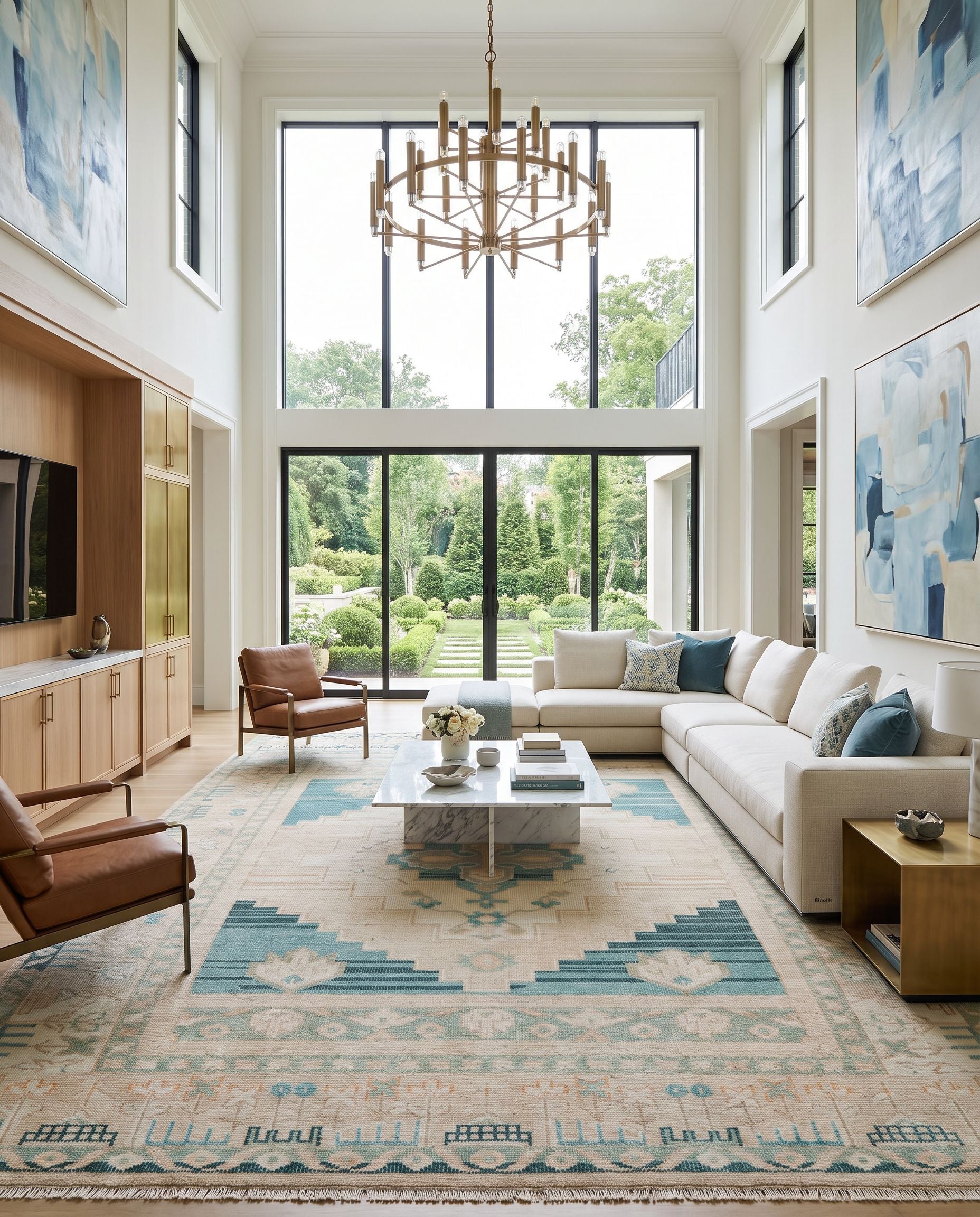 Anadolu AAU-2301 Hand Knotted Rug as the centerpiece of a bright luxury living room — a hand knotted traditional area rug in cream, teal, sage and pale pink tones