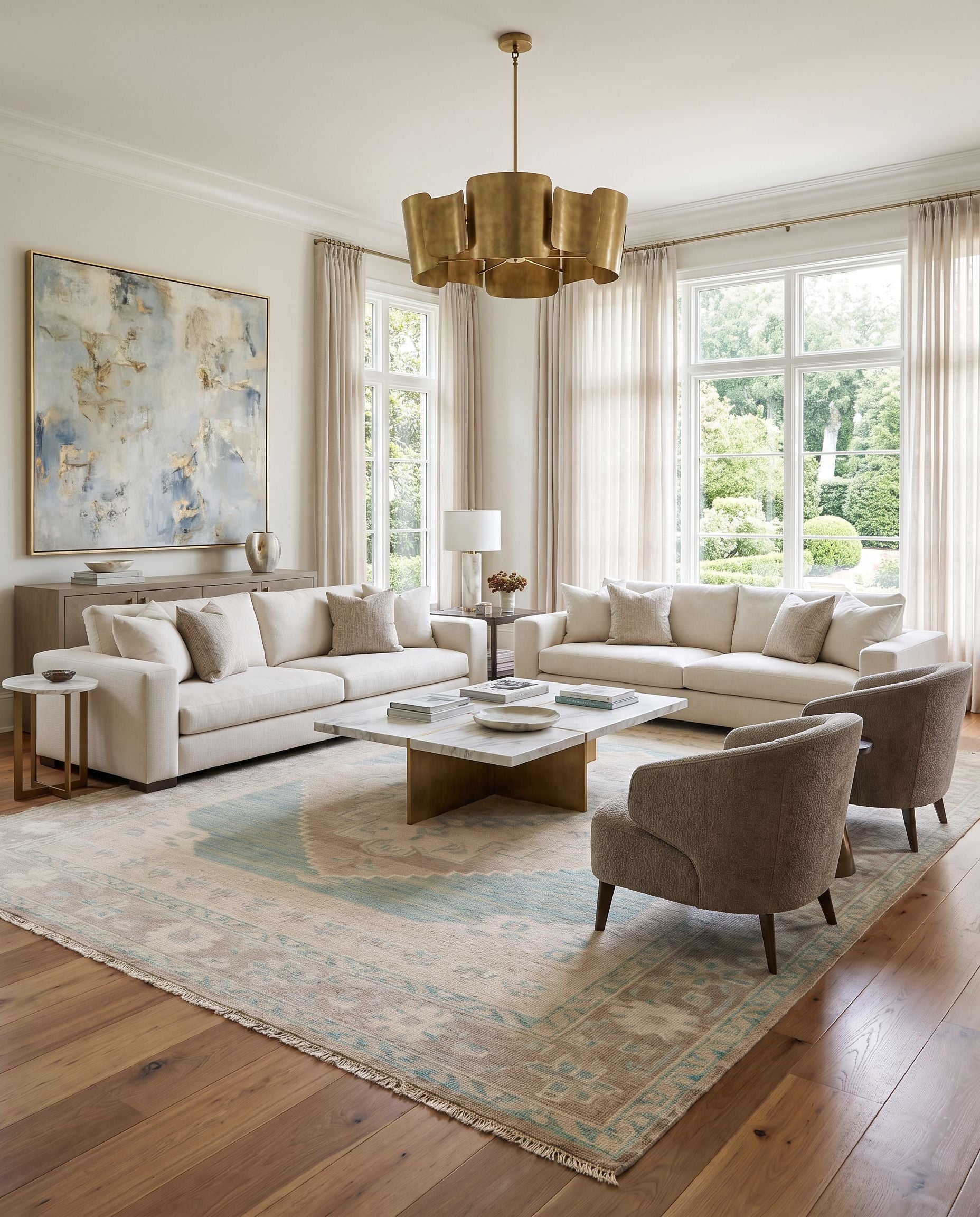 Anadolu AAU-2303 Hand Knotted Rug styled in an elegant designer living room — hand knotted traditional area rug in beige, seafoam, light sage and cream tones