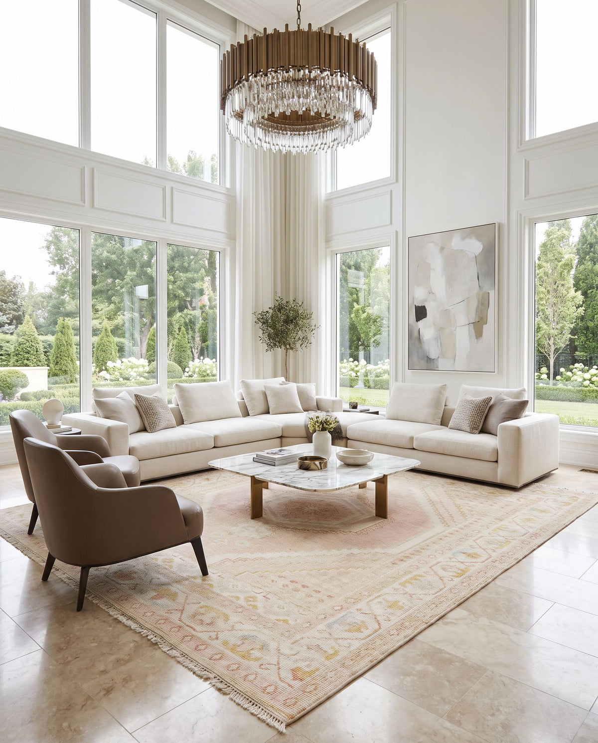 Anadolu AAU-2305 Hand Knotted Rug as the centerpiece of a bright luxury living room — a hand knotted traditional area rug in cream, mustard, beige and tan tones