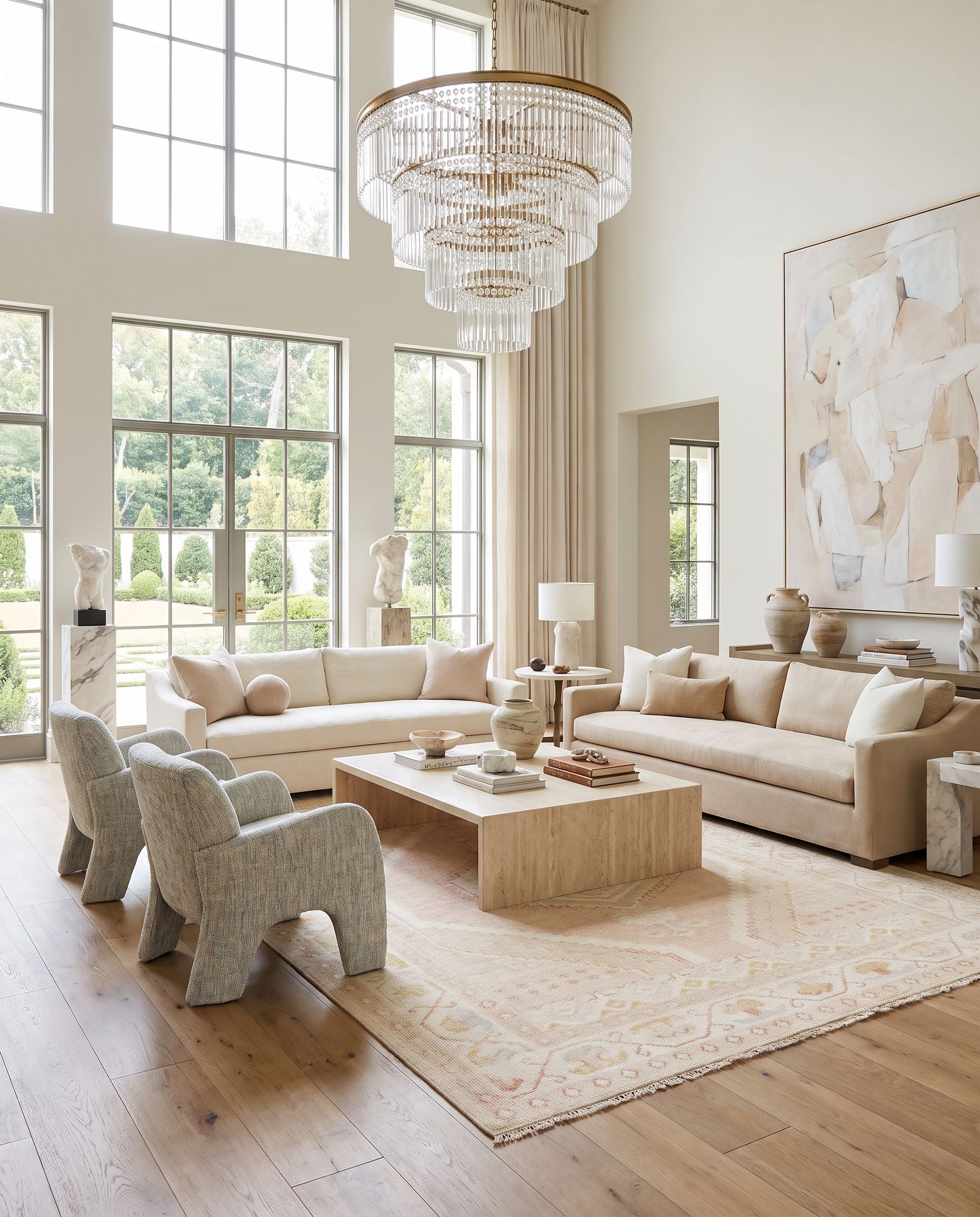 Anadolu AAU-2305 Hand Knotted Rug styled in an elegant designer living room — hand knotted traditional area rug in cream, mustard, beige and tan tones