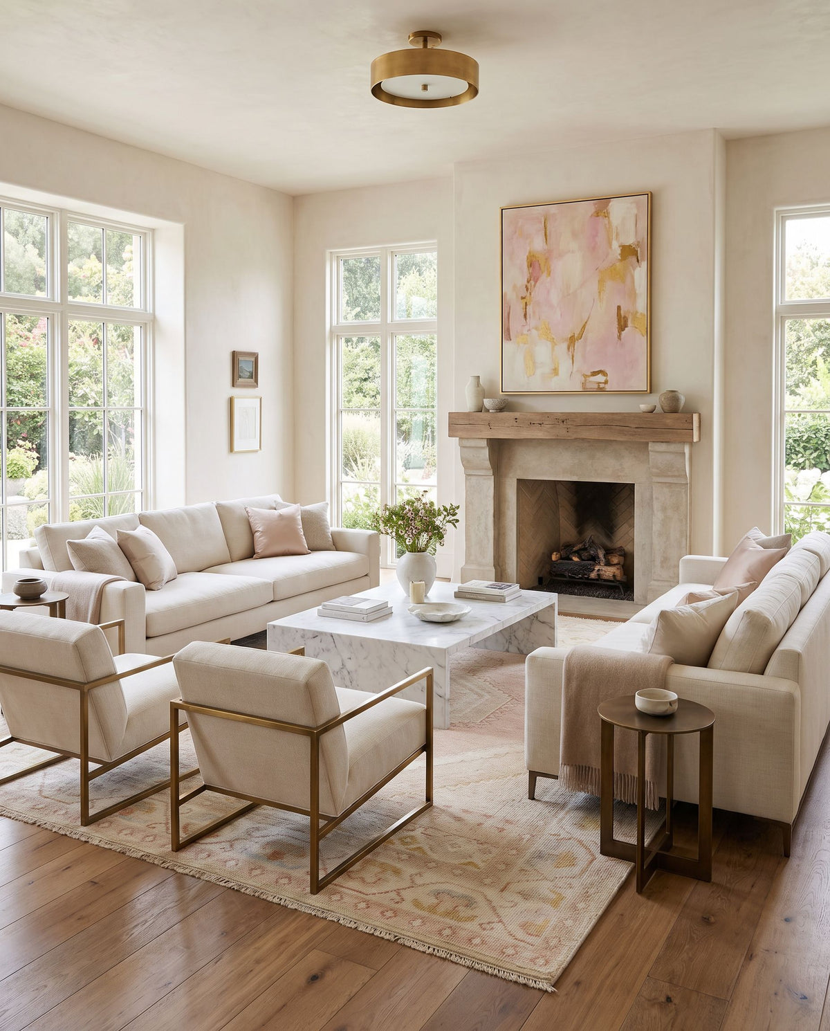 Anadolu AAU-2305 Hand Knotted Rug styled in an elegant designer living room — hand knotted traditional area rug in cream, mustard, beige and tan tones