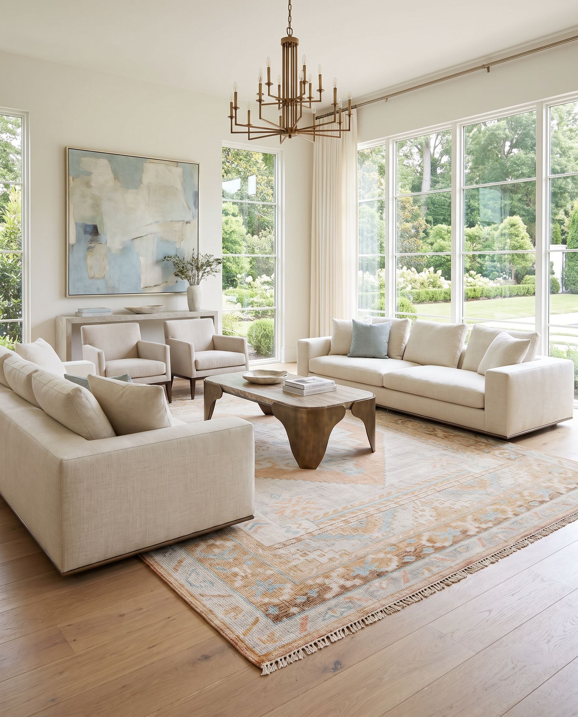 Anadolu AAU-2306 Hand Knotted Rug styled in an elegant designer living room — hand knotted traditional area rug in seafoam, beige, pale blue and light blue tones