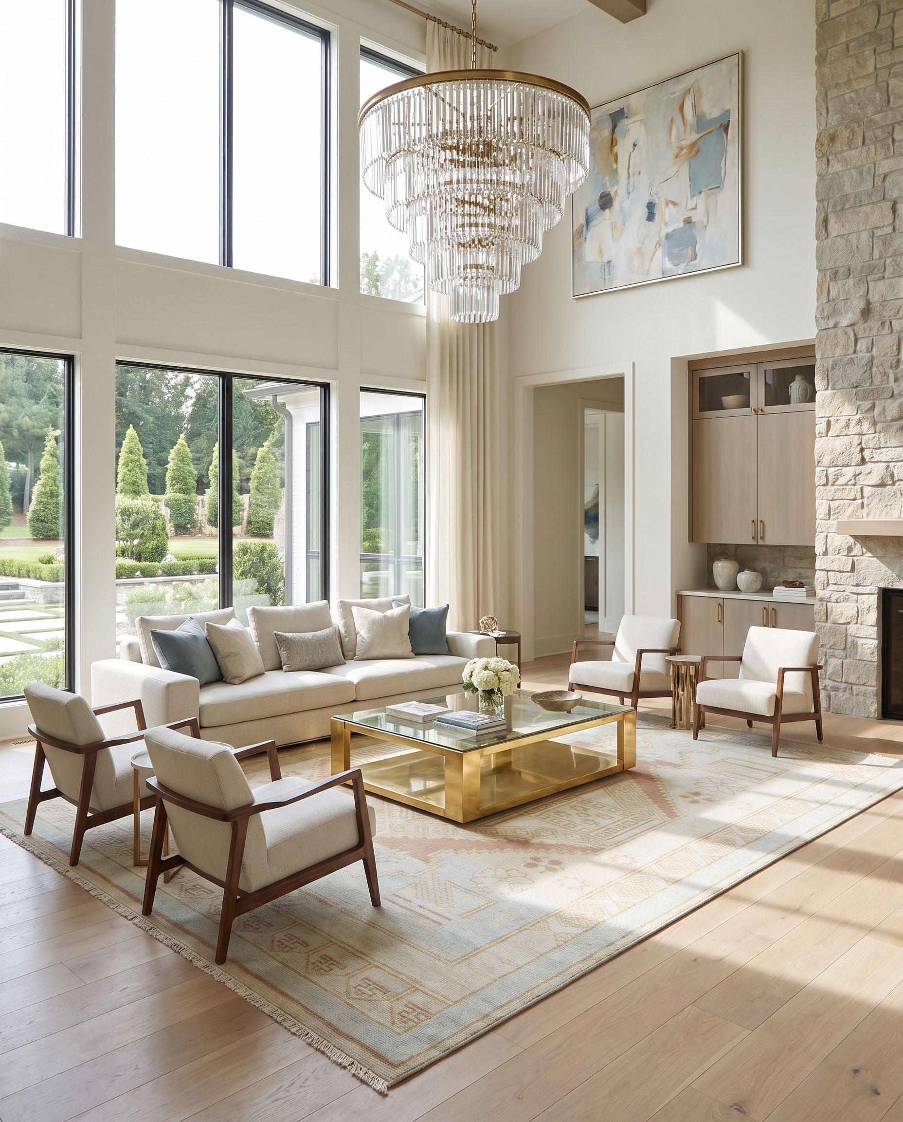 Anadolu AAU-2307 Hand Knotted Rug styled in an elegant designer living room — hand knotted traditional area rug in blue, camel, cream and pale pink tones