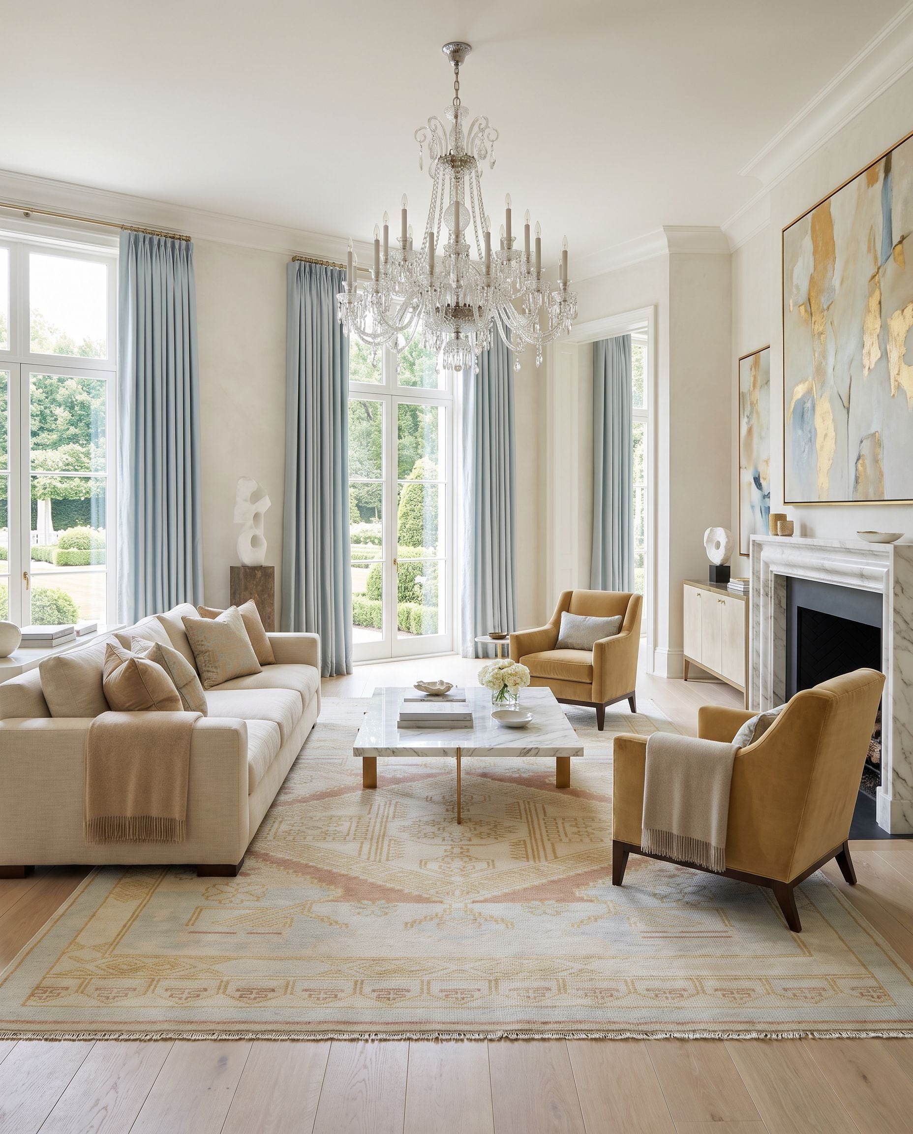 Anadolu AAU-2307 Hand Knotted Rug styled in an elegant designer living room — hand knotted traditional area rug in blue, camel, cream and pale pink tones