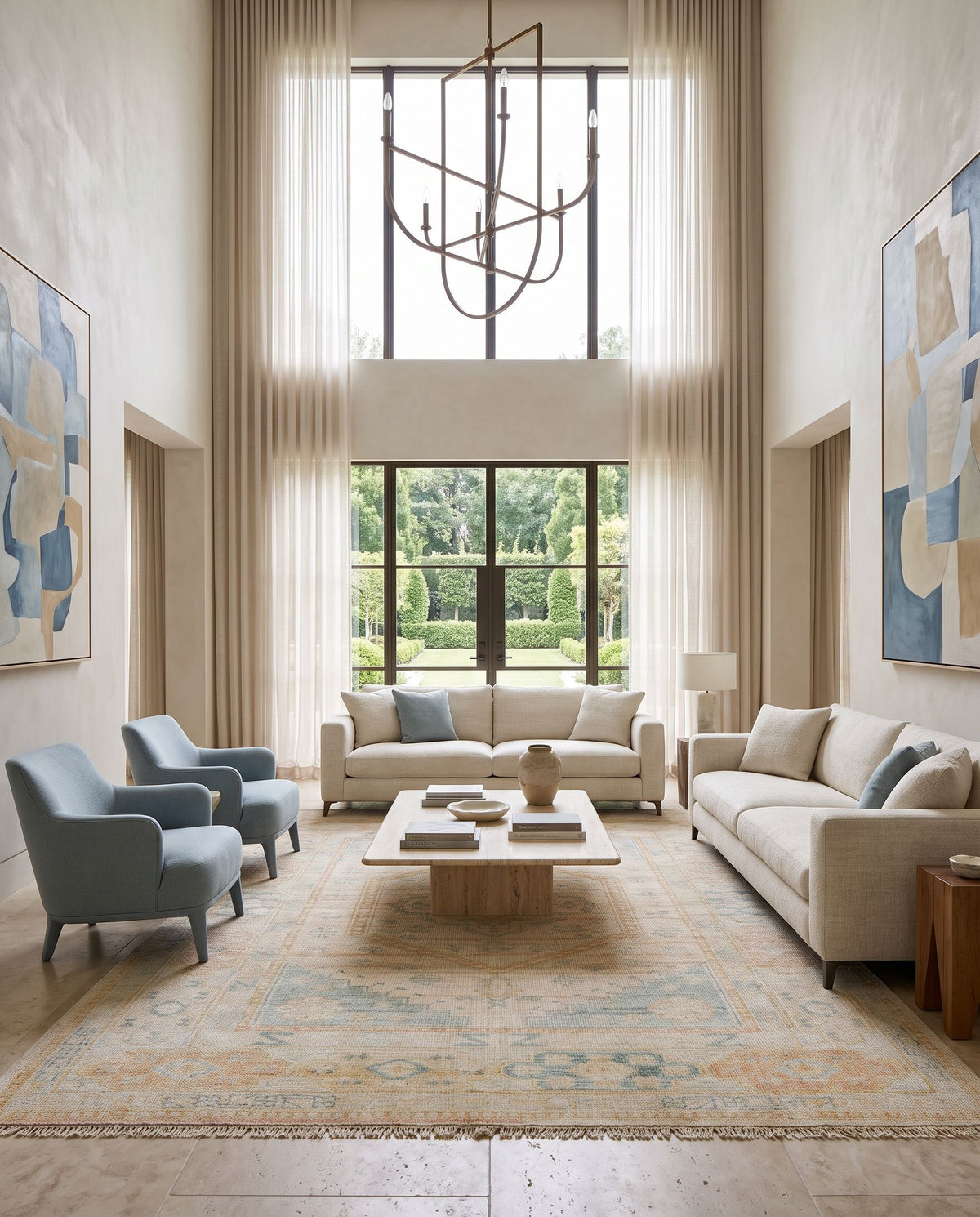 Anadolu AAU-2309 Hand Knotted Rug styled in an elegant designer living room — hand knotted traditional area rug in tan, dark pink, beige and sage tones