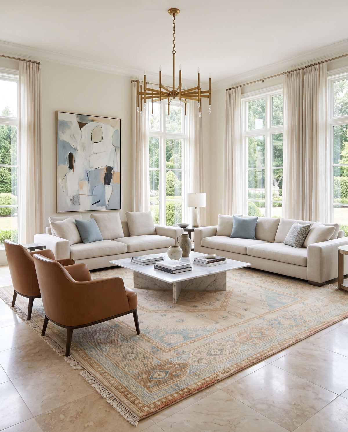 Anadolu AAU-2309 Hand Knotted Rug styled in an elegant designer living room — hand knotted traditional area rug in tan, dark pink, beige and sage tones