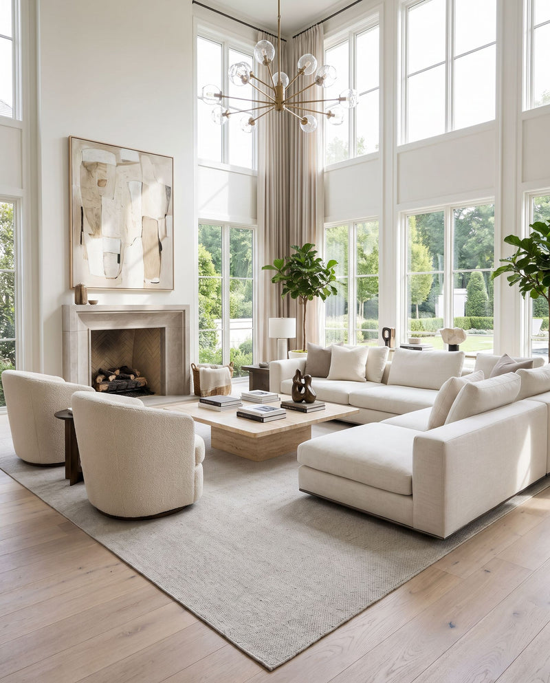Acacia ACC-2300 Hand Woven Rug as the centerpiece of a bright luxury living room — a hand woven modern area rug in light gray tones