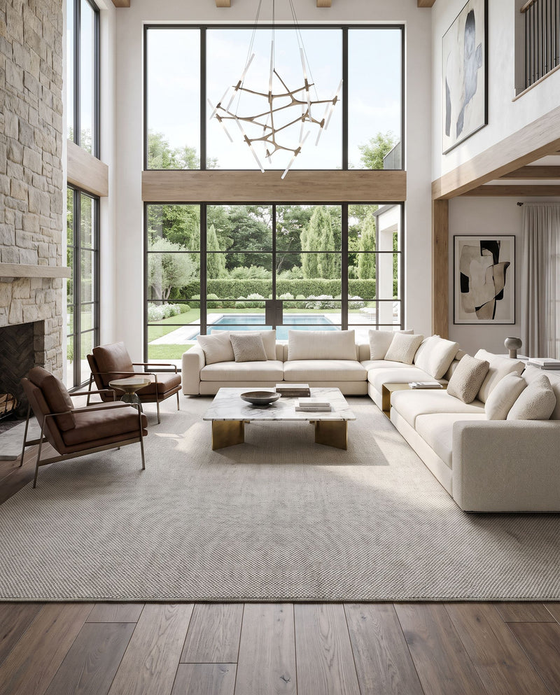 Acacia ACC-2303 Hand Woven Rug as the centerpiece of a bright luxury living room — a hand woven modern area rug in light gray tones