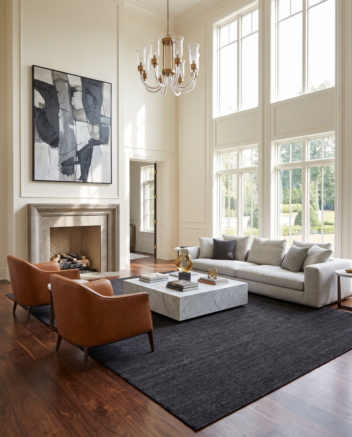 Acacia ACC-2304 Hand Woven Rug as the centerpiece of a bright luxury living room — a hand woven modern area rug in black and charcoal tones