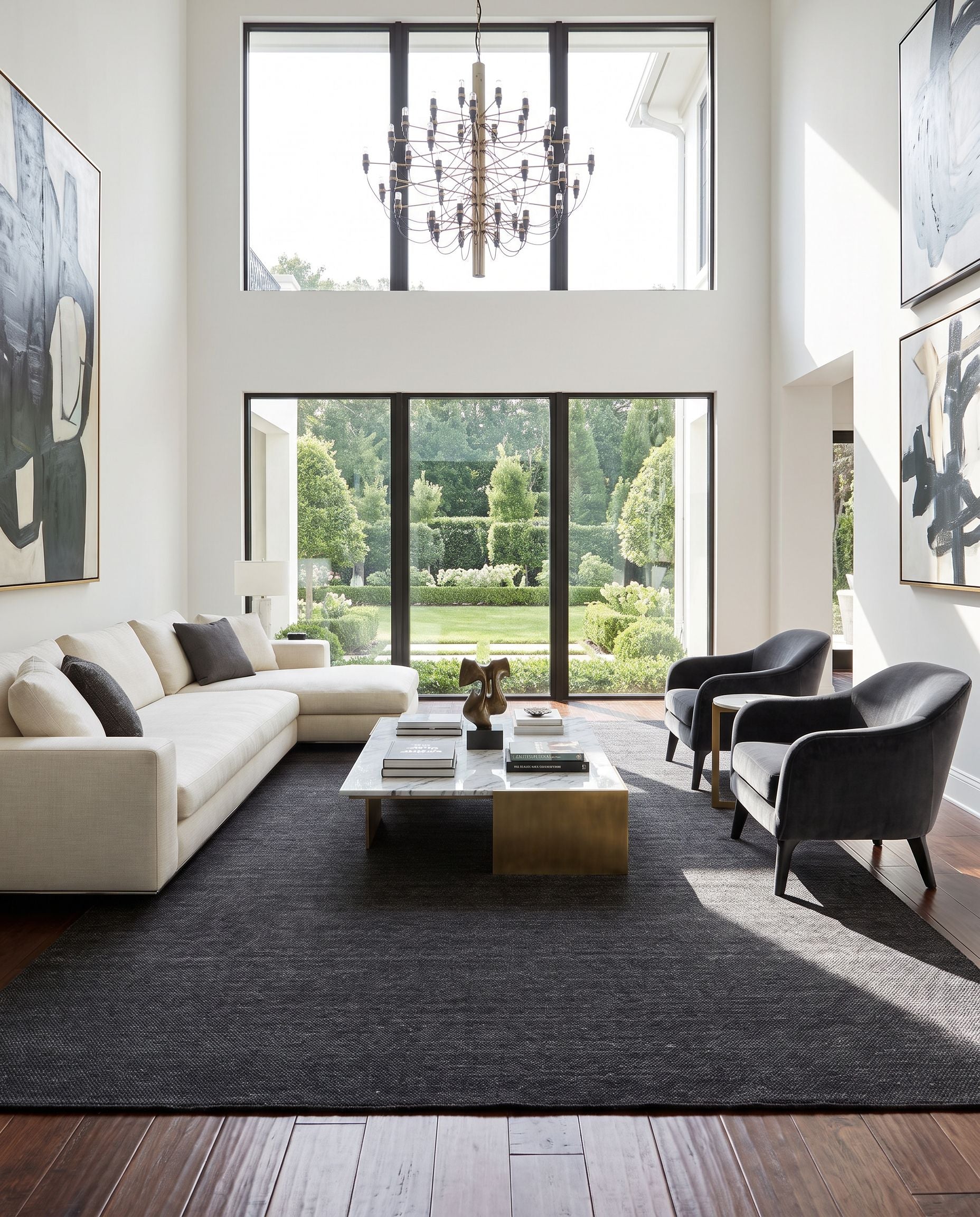 Acacia ACC-2304 Hand Woven Rug styled in an elegant designer living room — hand woven modern area rug in black and charcoal tones