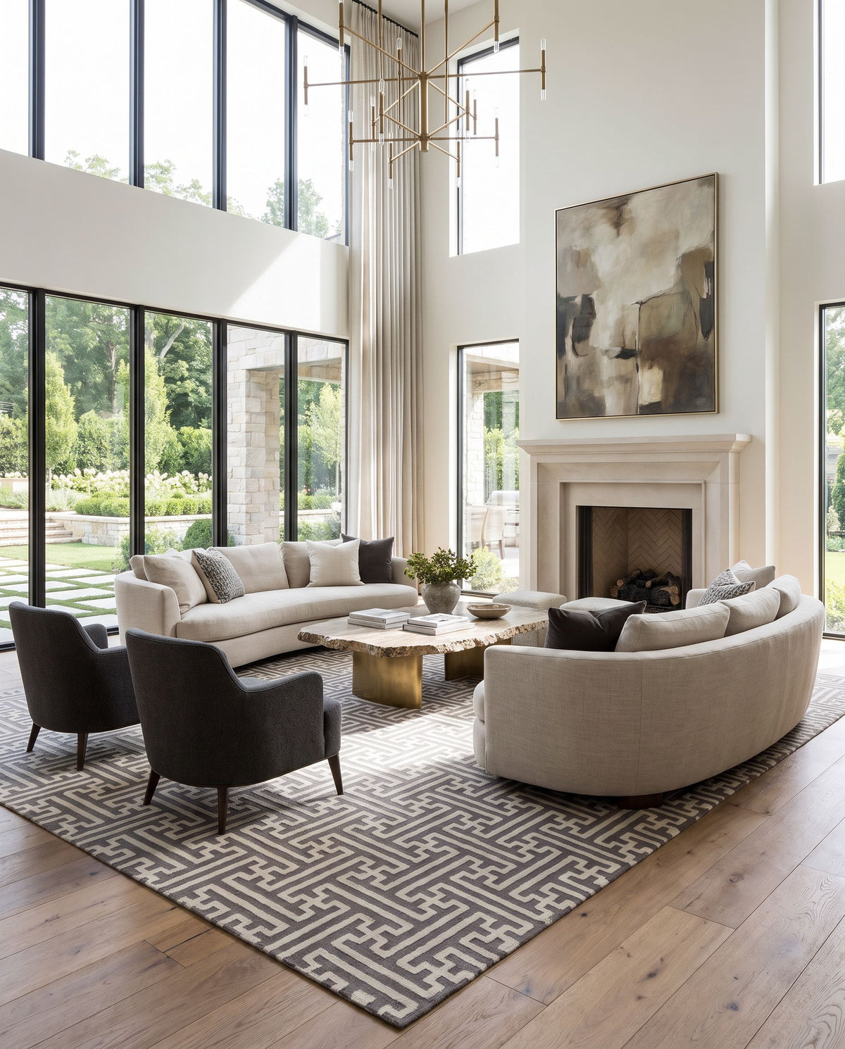 Archive ACH-1702 Hand Woven Rug as the centerpiece of a bright luxury living room — a hand woven modern area rug in tan and cream tones