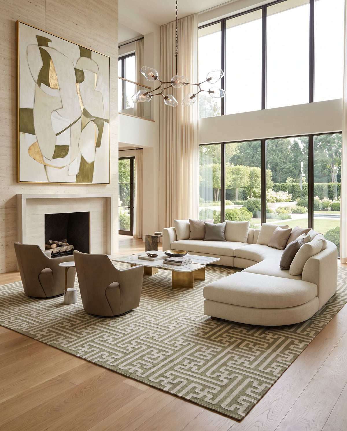 Archive ACH-1705 Hand Woven Rug as the centerpiece of a bright luxury living room — a hand woven modern area rug in tan and light beige tones