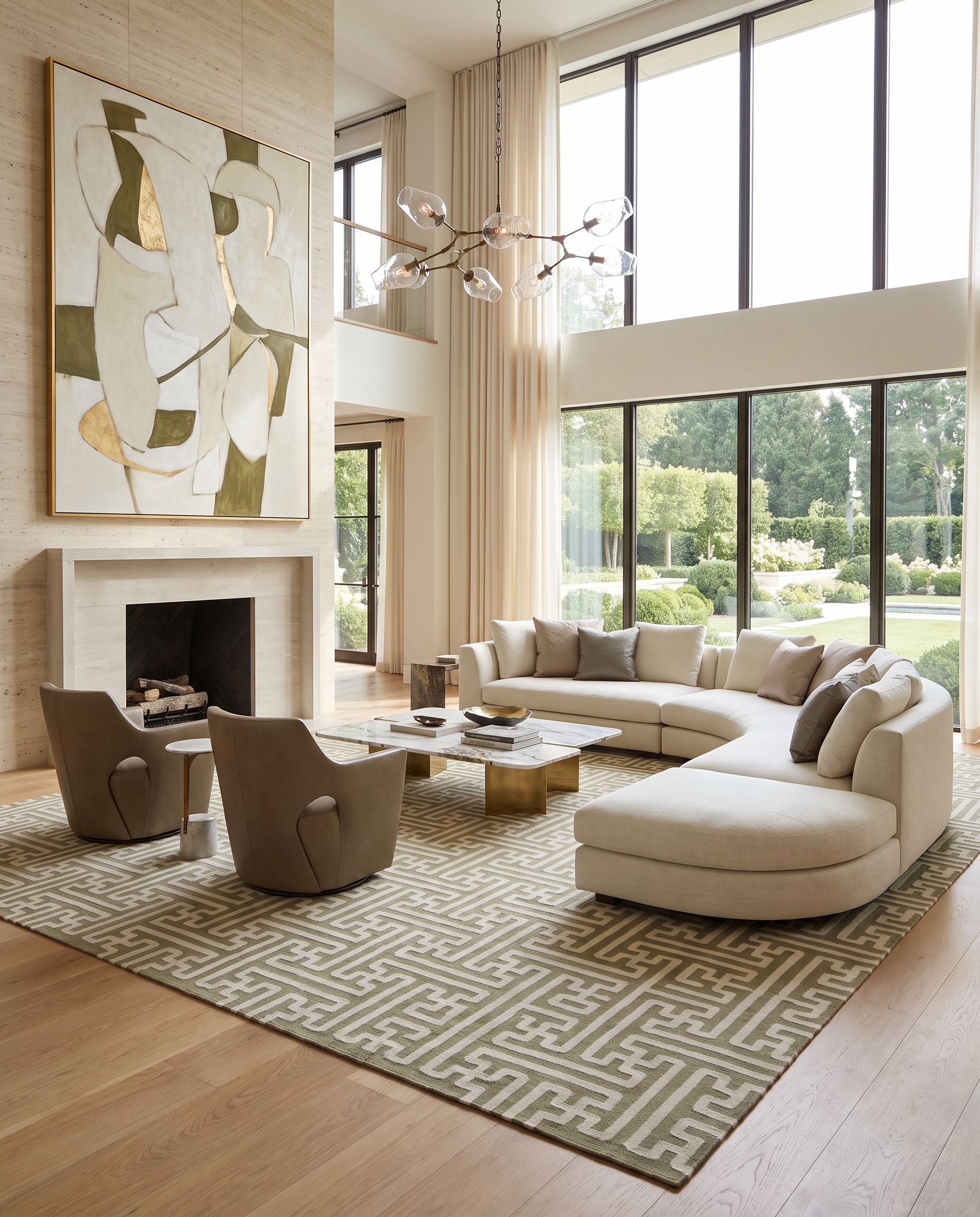 Archive ACH-1705 Hand Woven Rug as the centerpiece of a bright luxury living room — a hand woven modern area rug in tan and light beige tones