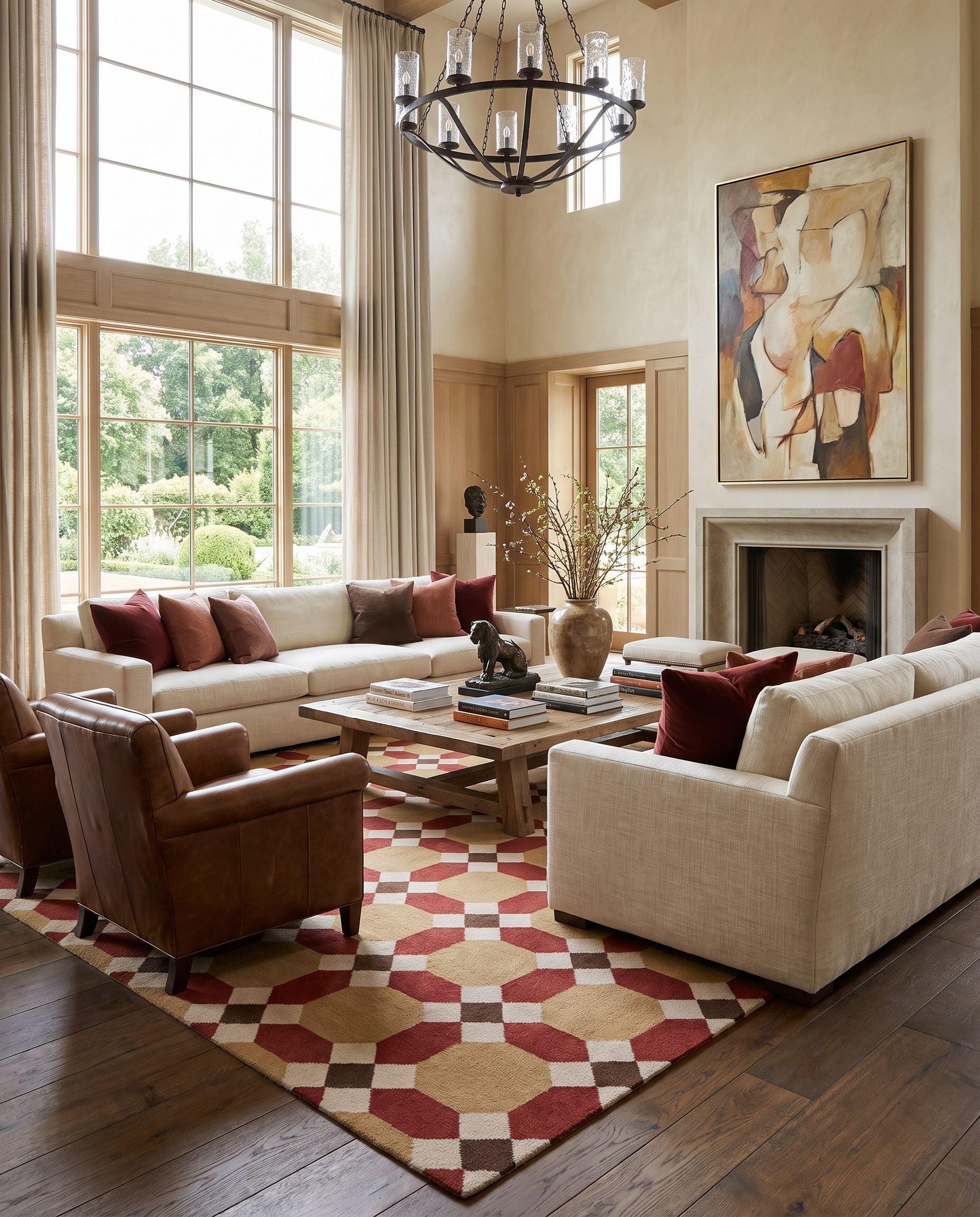 Archive ACH-1715 Hand Woven Rug as the centerpiece of a bright luxury living room — a hand woven modern area rug in mustard, burgundy, beige and dark brown tones