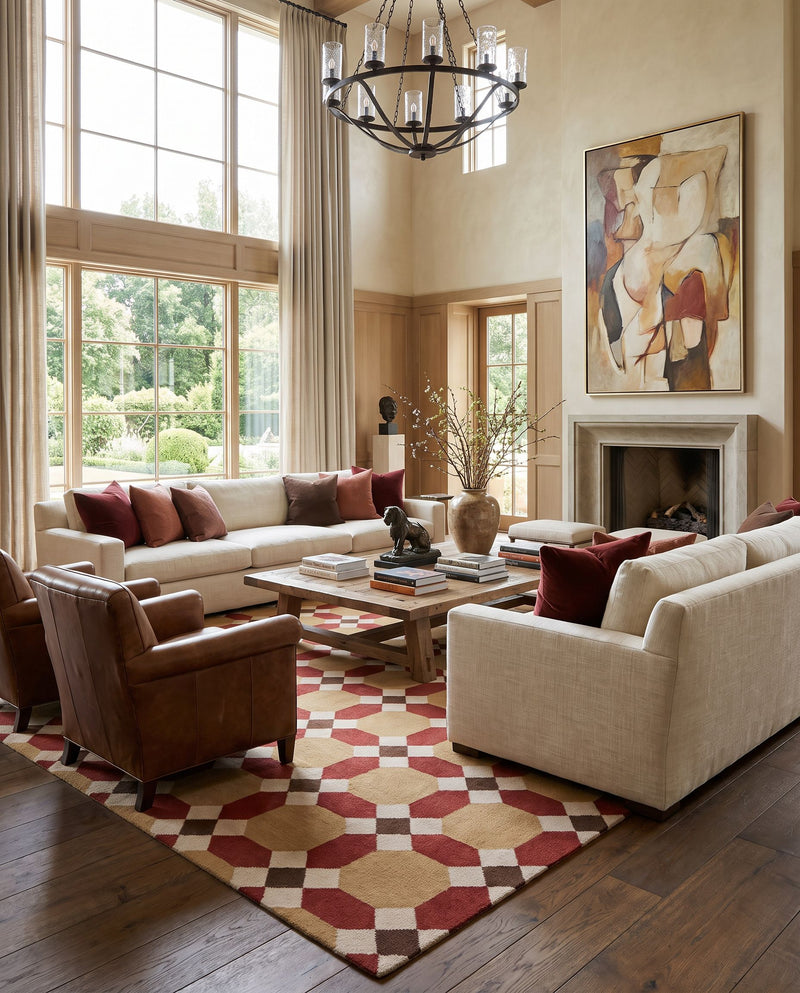 Archive ACH-1715 Hand Woven Rug as the centerpiece of a bright luxury living room — a hand woven modern area rug in mustard, burgundy, beige and dark brown tones