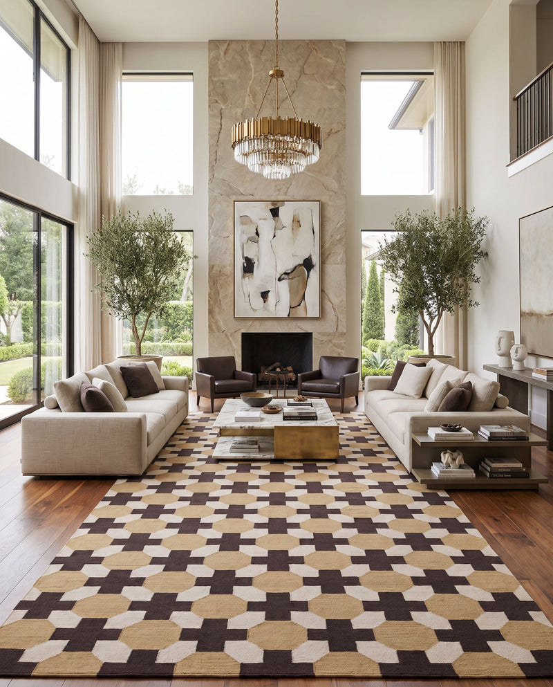 Archive ACH-1716 Hand Woven Rug as the centerpiece of a bright luxury living room — a hand woven modern area rug in mustard, dark brown and light gray tones