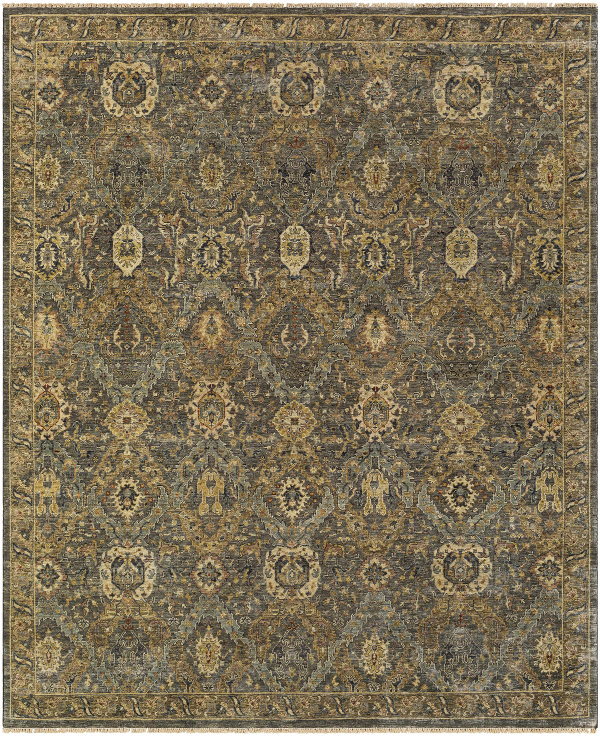 Medium Green Hand Knotted 100% Wool Traditional Rectangle Handmade rug, Indoor use only, has fringe, non-washable.