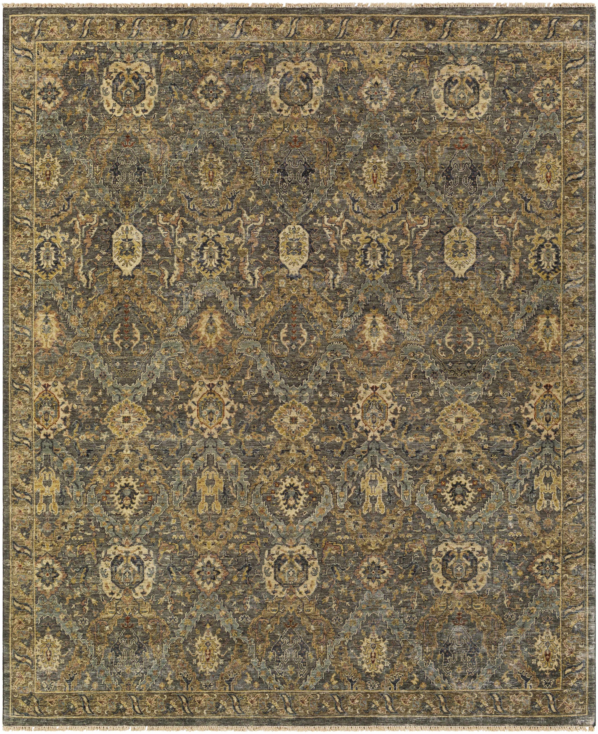 Medium Green Hand Knotted 100% Wool Traditional Rectangle Handmade rug, Indoor use only, has fringe, non-washable.