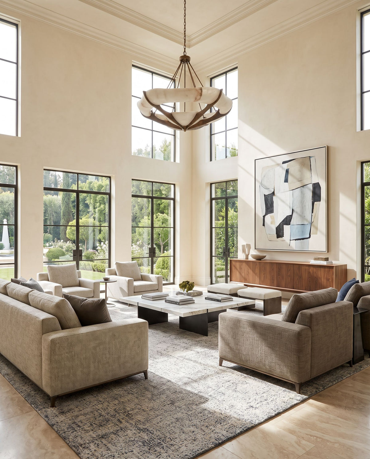Alicia ACS-2302 Hand Tufted Rug styled in an elegant designer living room — hand tufted cottage area rug in taupe, light brown, black and dark blue tones
