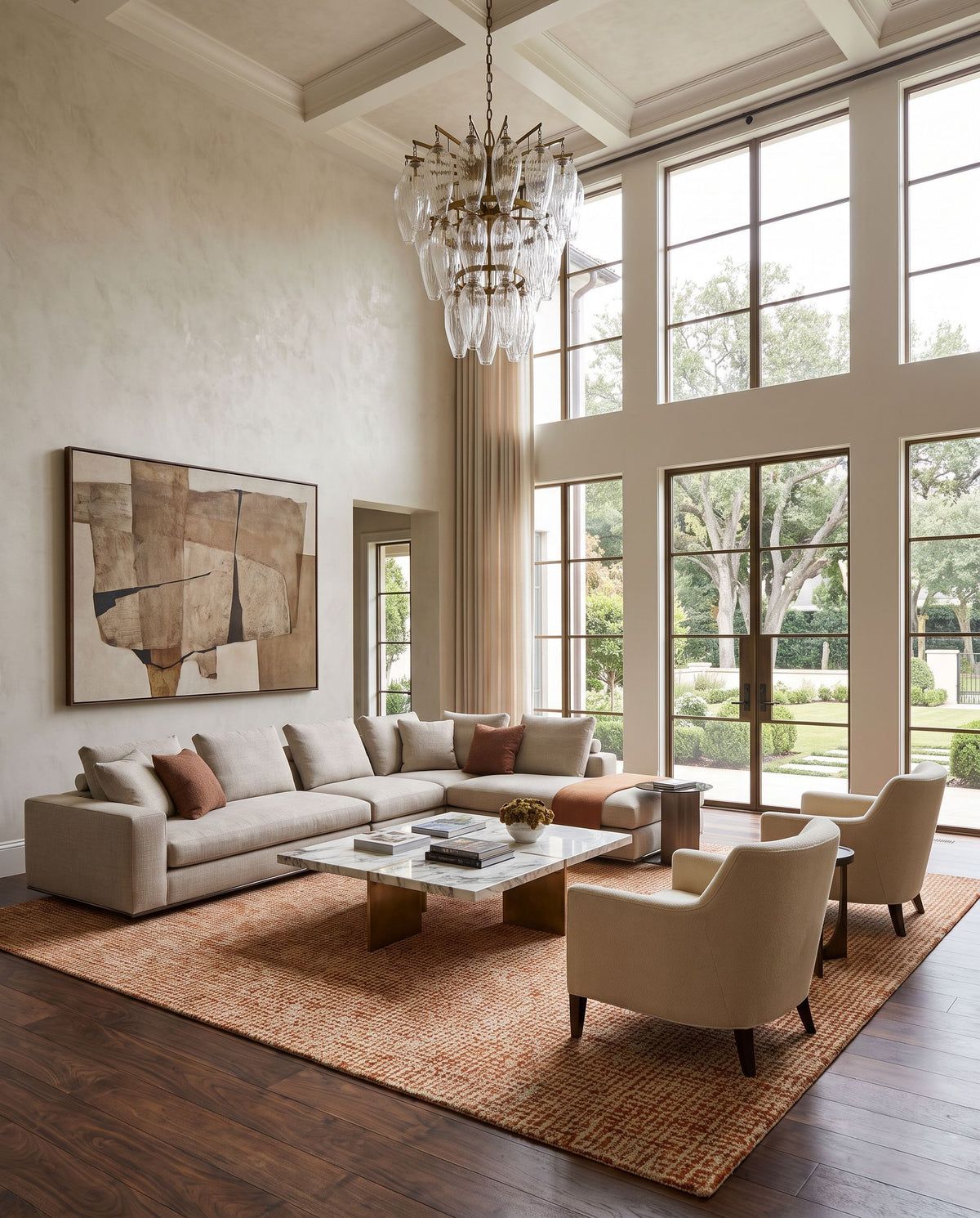 Aiden AEN-1003 Hand Tufted Rug as the centerpiece of a bright luxury living room — a hand tufted modern area rug in burnt orange and ivory tones