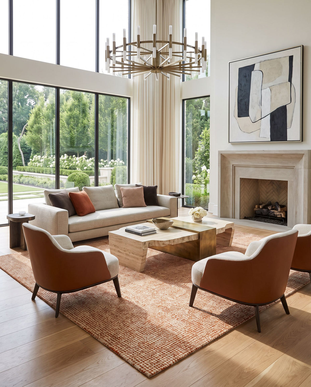 Aiden AEN-1003 Hand Tufted Rug styled in an elegant designer living room — hand tufted modern area rug in burnt orange and ivory tones