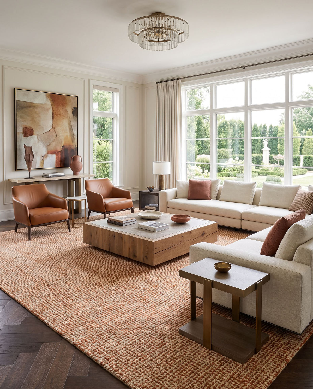 Aiden AEN-1003 Hand Tufted Rug styled in an elegant designer living room — hand tufted modern area rug in burnt orange and ivory tones