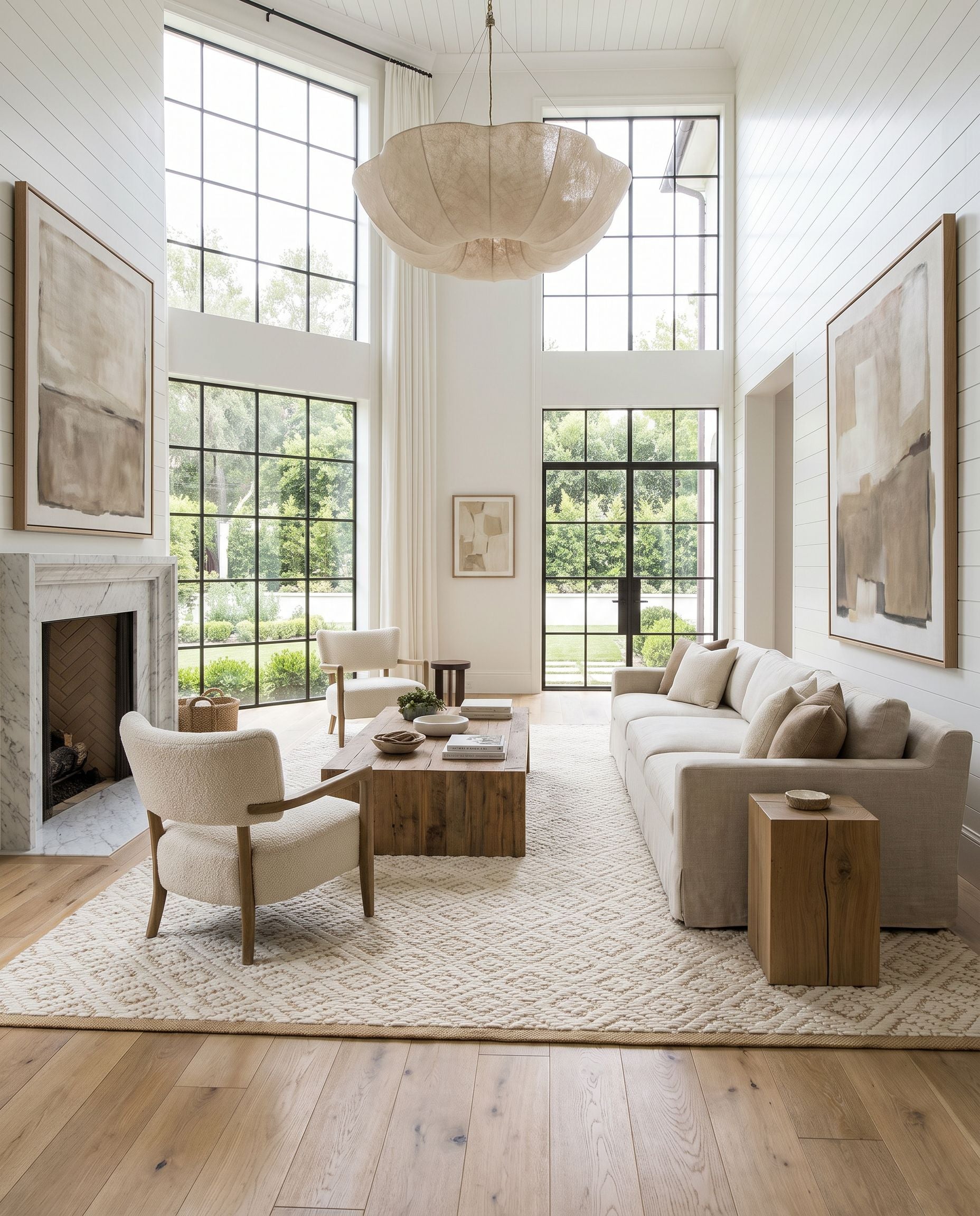 Ahlat AHT-2301 Hand Woven Rug as the centerpiece of a bright luxury living room — a hand woven cottage area rug in mustard and cream tones