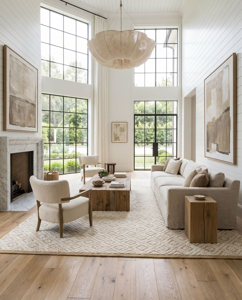 Ahlat AHT-2301 Hand Woven Rug as the centerpiece of a bright luxury living room — a hand woven cottage area rug in mustard and cream tones