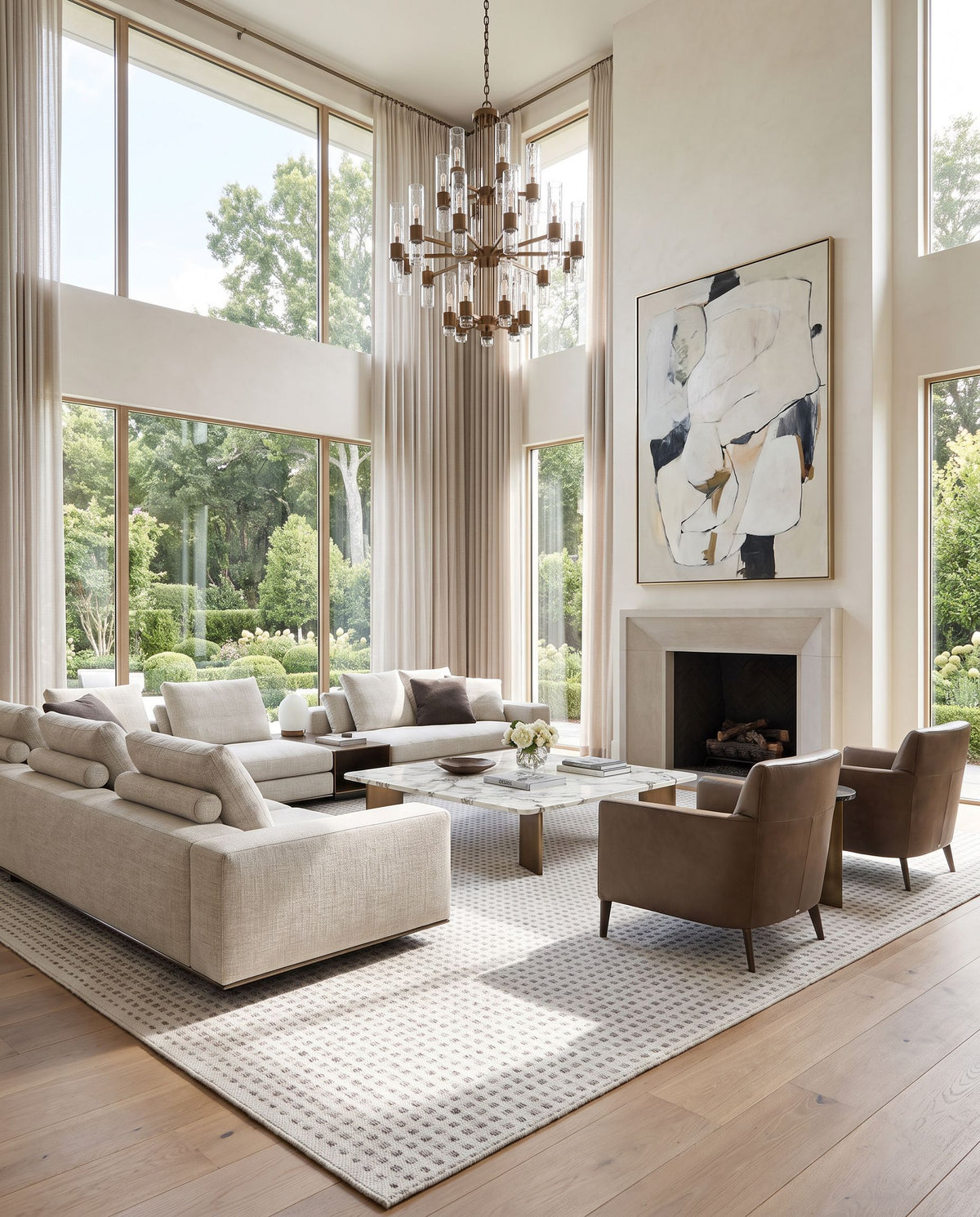 Ariel AIL-2300 Hand Woven Rug as the centerpiece of a bright luxury living room — a hand woven cottage area rug in white, light gray and rust tones