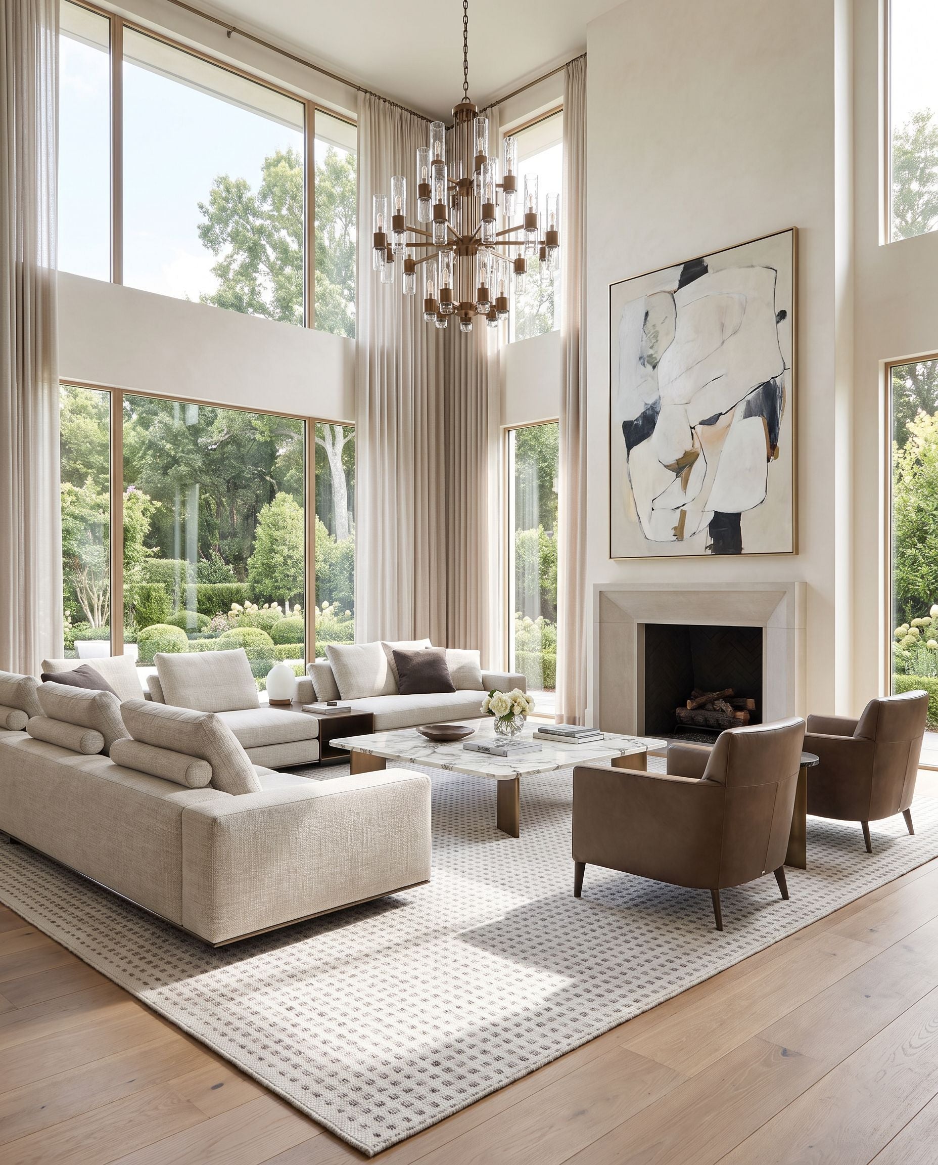Ariel AIL-2300 Hand Woven Rug as the centerpiece of a bright luxury living room — a hand woven cottage area rug in white, light gray and rust tones