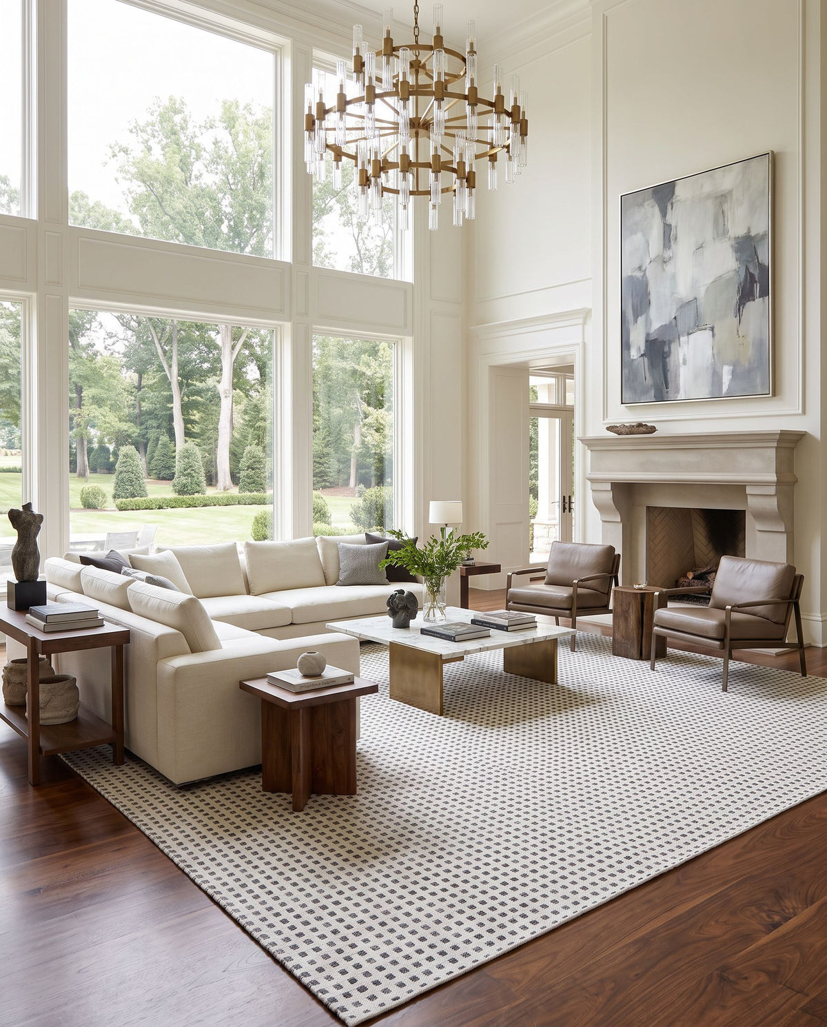 Ariel AIL-2302 Hand Woven Rug as the centerpiece of a bright luxury living room — a hand woven cottage area rug in white and charcoal tones