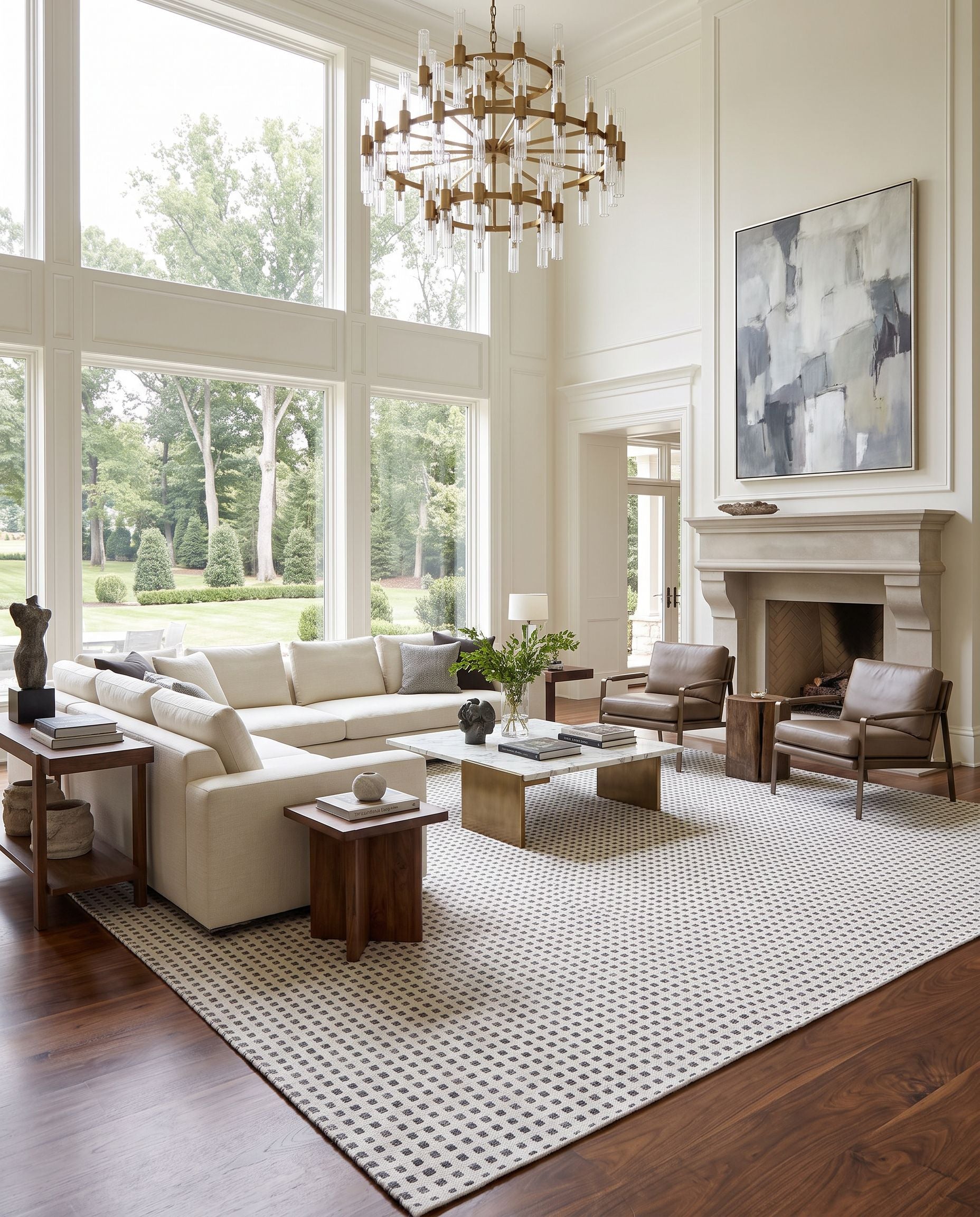 Ariel AIL-2302 Hand Woven Rug as the centerpiece of a bright luxury living room — a hand woven cottage area rug in white and charcoal tones