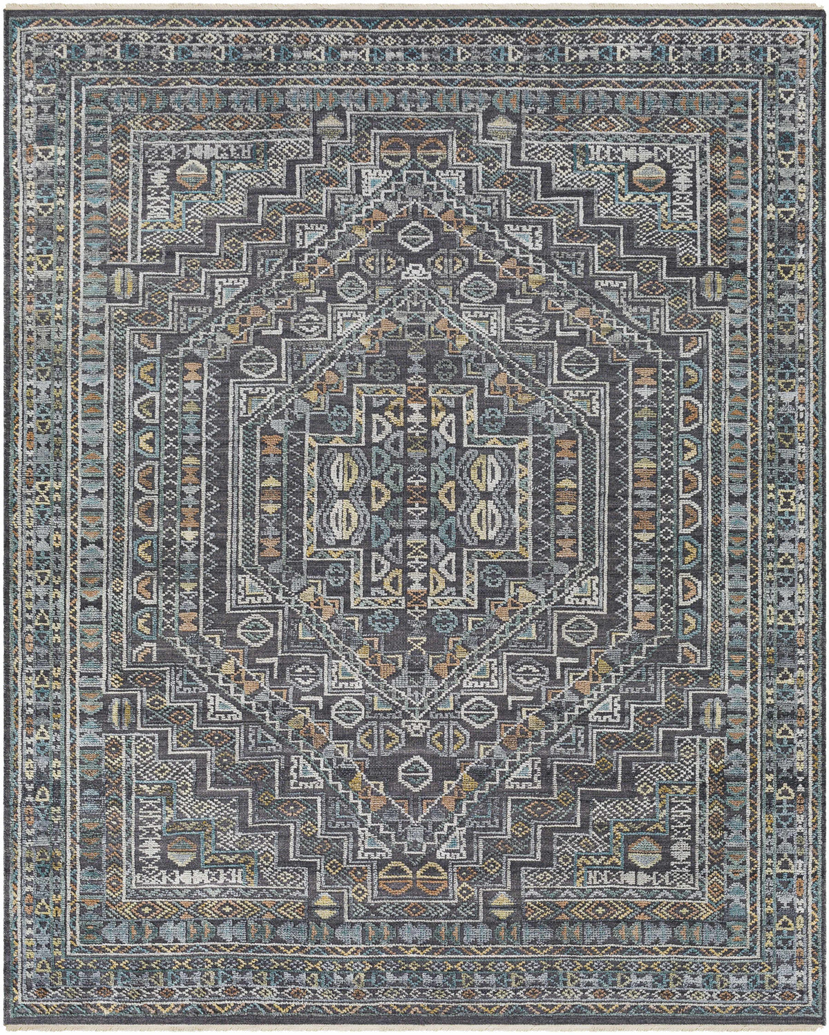 Charcoal Hand Knotted 60% Wool, 40% Viscose Traditional Rectangle Handmade rug, Indoor use only, has fringe, non-washable.