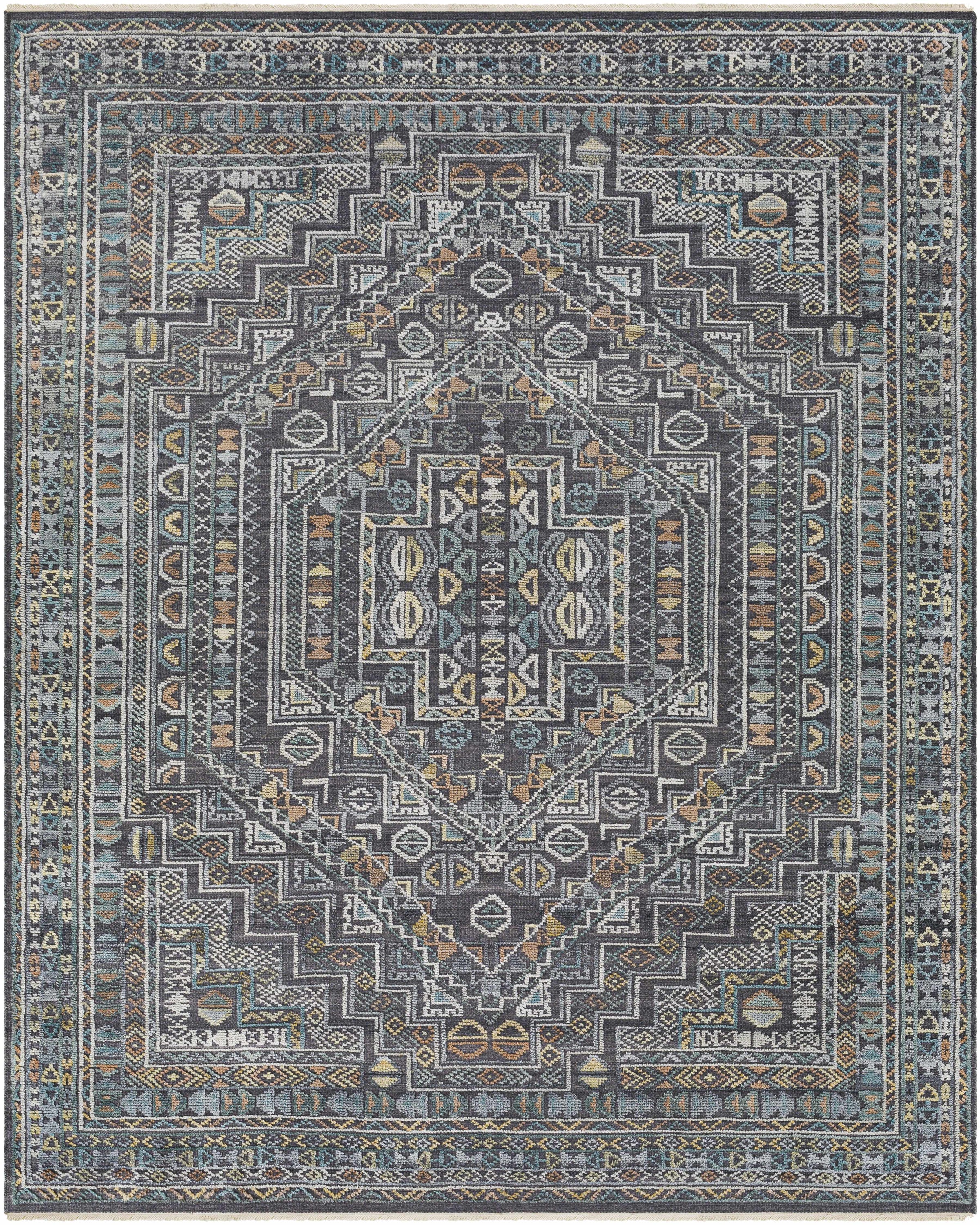 Charcoal Hand Knotted 60% Wool, 40% Viscose Traditional Rectangle Handmade rug, Indoor use only, has fringe, non-washable.