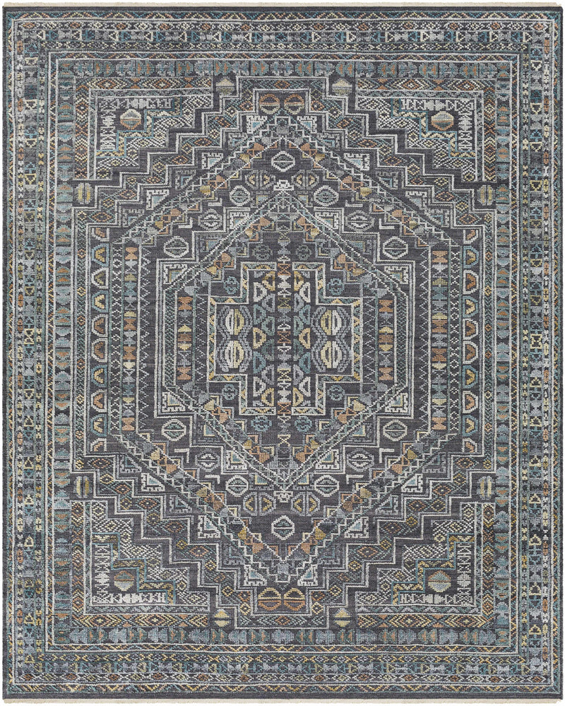 Charcoal Hand Knotted 60% Wool, 40% Viscose Traditional Rectangle Handmade rug, Indoor use only, has fringe, non-washable.