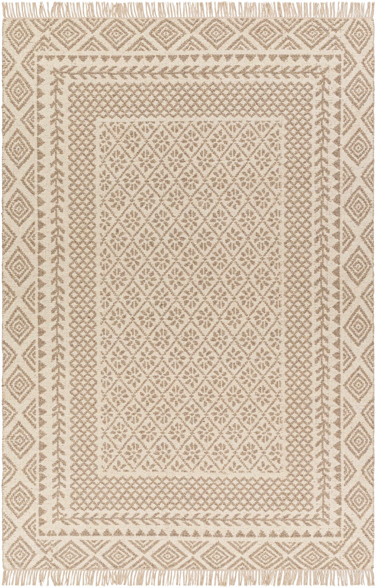 Beige Hand Woven 100% Wool Global Rectangle Handmade rug, Indoor use only, has fringe, non-washable. runner also available