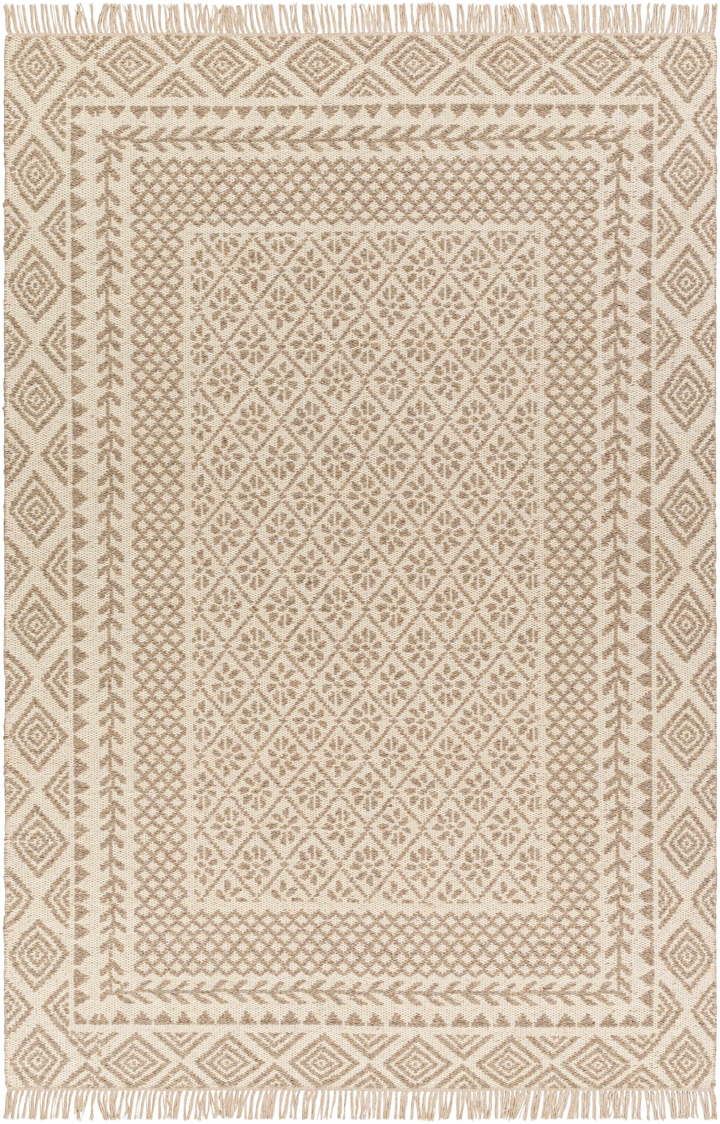 Beige Hand Woven 100% Wool Global Rectangle Handmade rug, Indoor use only, has fringe, non-washable. runner also available