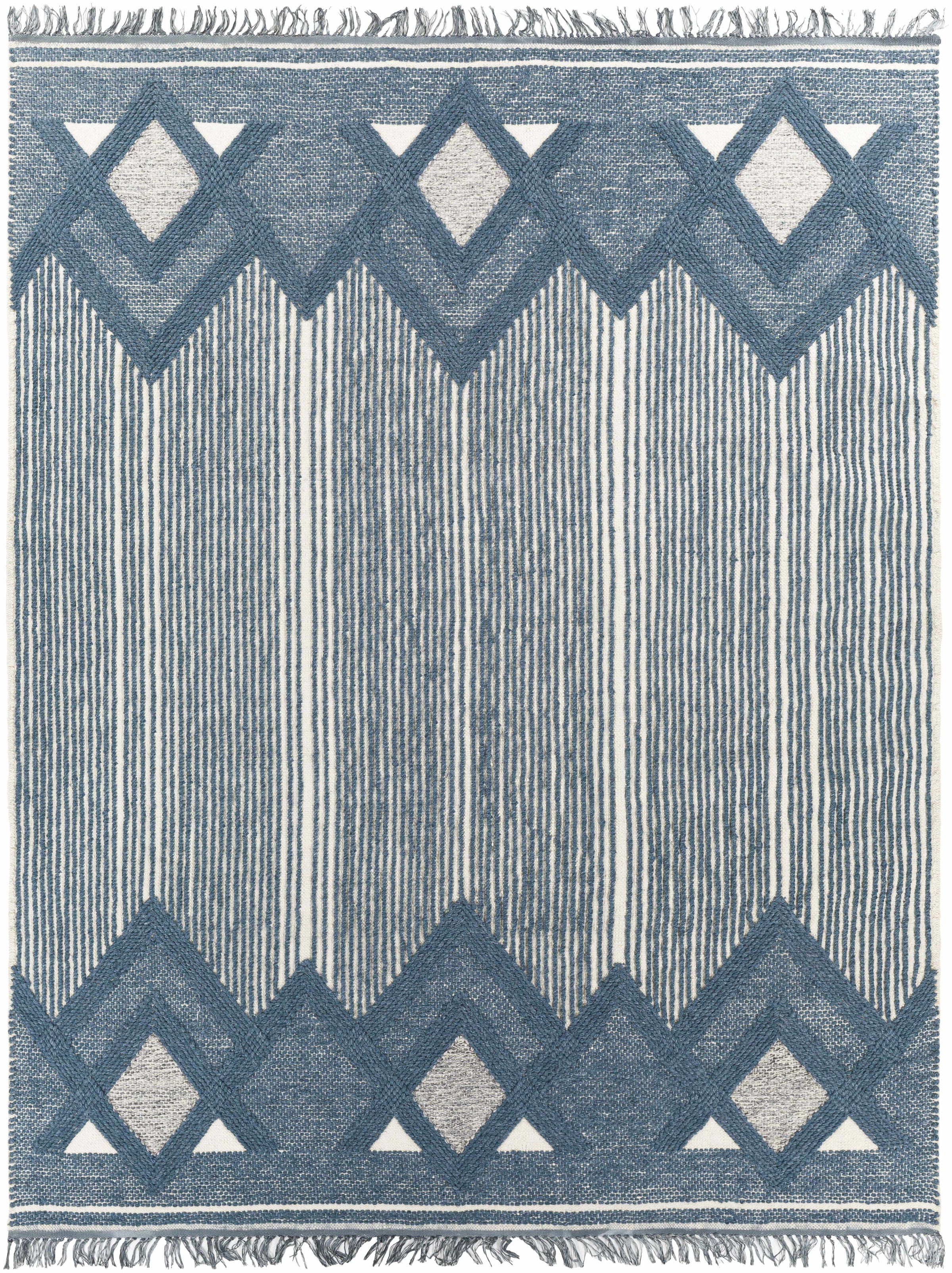 Blue Hand Woven 60% Wool, 40% Polyester Cottage Rectangle Handmade rug, Indoor use only, has fringe, non-washable. runner also available