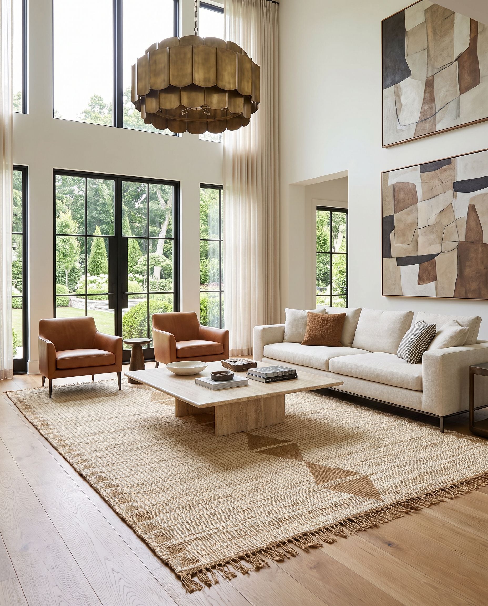 Alexandra ALX-2303 Hand Woven Rug as the centerpiece of a bright luxury living room — a hand woven transitional, traditional area rug in beige, sandstone and taupe tones
