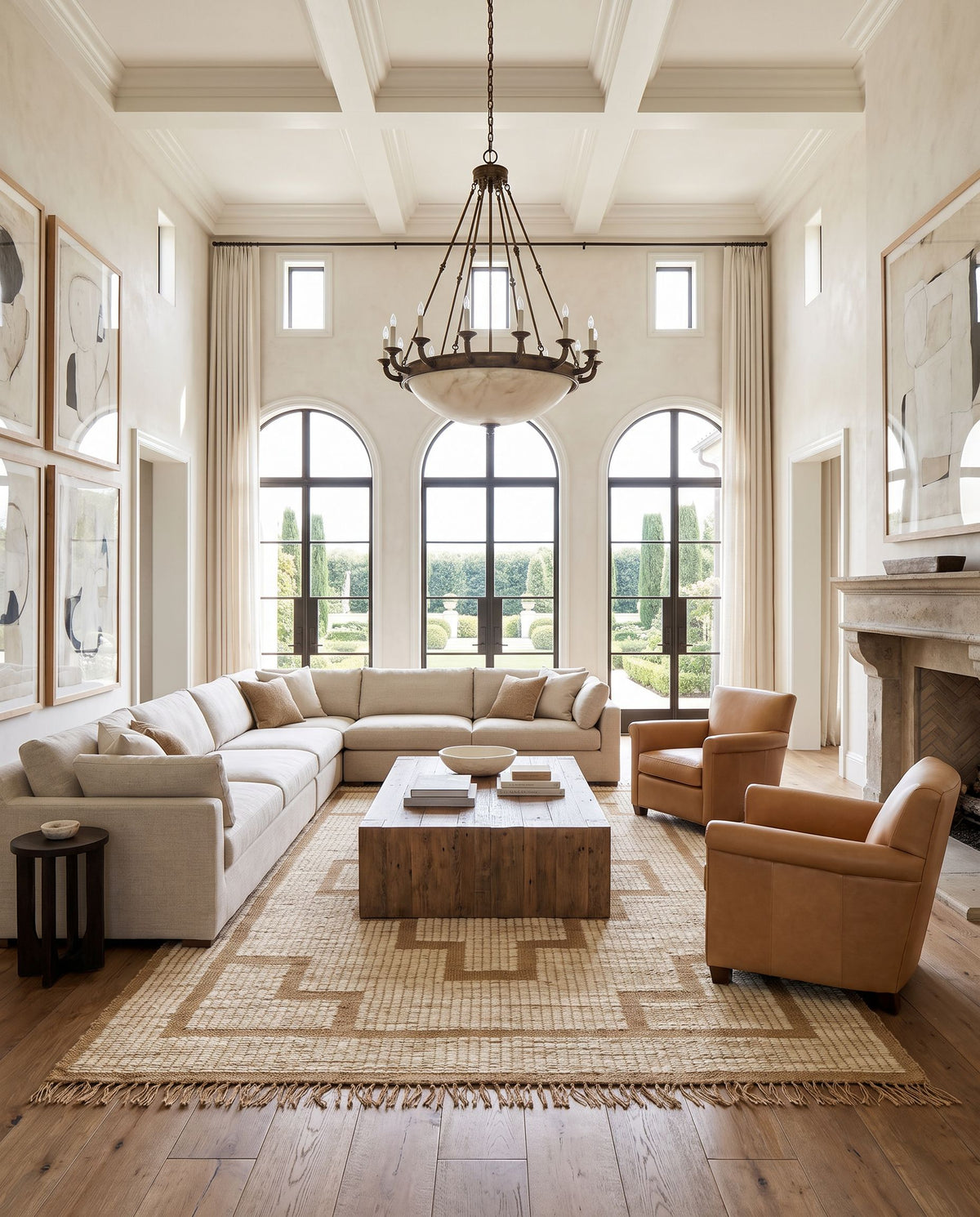 Alexandra ALX-2304 Hand Woven Rug as the centerpiece of a bright luxury living room — a hand woven transitional, traditional area rug in beige, sandstone and peach tones