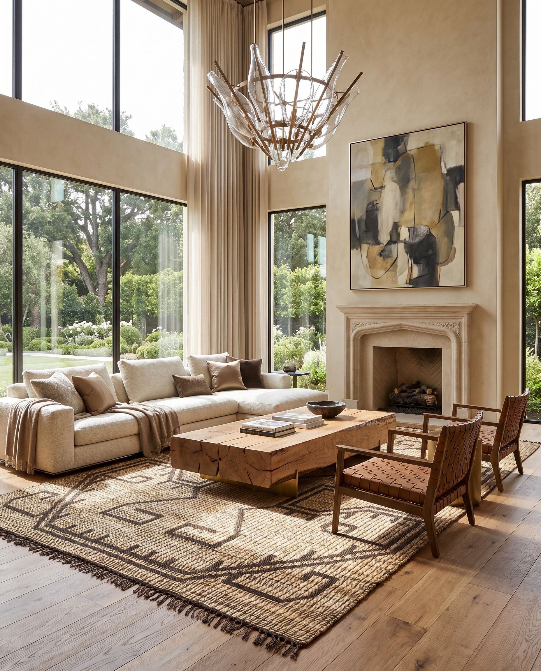 Alexandra ALX-2305 Hand Woven Rug as the centerpiece of a bright luxury living room — a hand woven transitional, traditional area rug in taupe, charcoal and sandstone tones