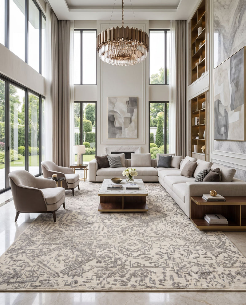 Amina AMA-2301 Hand Knotted Rug as the centerpiece of a bright luxury living room — a hand knotted global area rug in beige and ivory tones