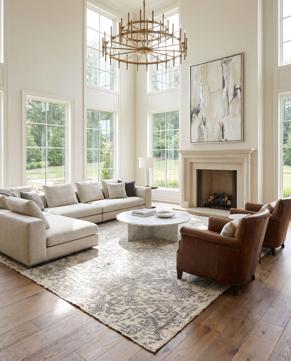 Amina AMA-2301 Hand Knotted Rug styled in an elegant designer living room — hand knotted global area rug in beige and ivory tones