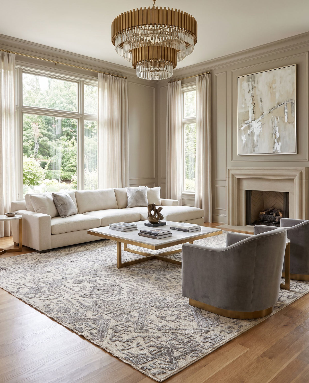 Amina AMA-2301 Hand Knotted Rug styled in an elegant designer living room — hand knotted global area rug in beige and ivory tones
